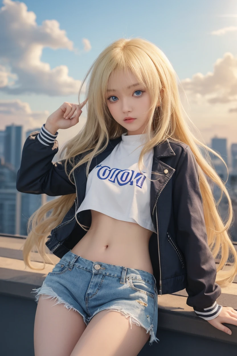 1girl, (Blue Eyes), cute smile, (Sana Minatozaki), wide hips, Big Boobs, big ass, (Best Quality, 8k, Masterpiece: 1.3)) ), Clear Focus: 1.2, Perfect Body Beauty: 1.4 , Slender Abs: 1.2, Wet Body: 1.5 , Highly detailed face and skin texture, detailed eyes, double eyelids, (long blonde hair), (t-shirt), (jacket), (jean pants), high heels, sitting on a train, illuminated with signs