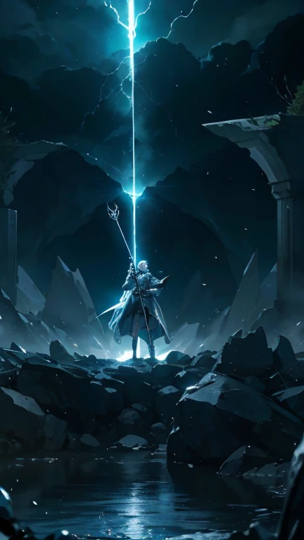 King Arthur Pendragon pulled out the sword Exkai River that was stuck in the stone, Beside King Arthur、Ten members of the Round Table stood,Lightning affects the atmosphere, HD lighting and darkness )<=(Great image quality)Dark atmosphere with bright particle lights(Many effects in the background)