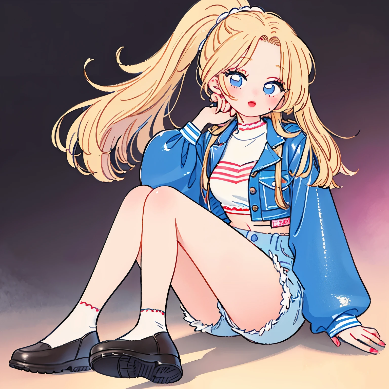 A beautiful Japanese gyaru with long blonde hair in a ponytail, detailed eyes and long eyelashes, wearing a white crop top, denim hot pants, loose socks, and thick-soled shoes, with a sweet, innocent smile, (best quality,4k,8k,highres,masterpiece:1.2),ultra-detailed,(realistic,photorealistic,photo-realistic:1.37),extremely detailed face and eyes,highly detailed skin,vibrant,dynamic lighting,vivid colors,soft focus,warm color tones,kawaii,cute,magical,glowing,neon,cyberpunk