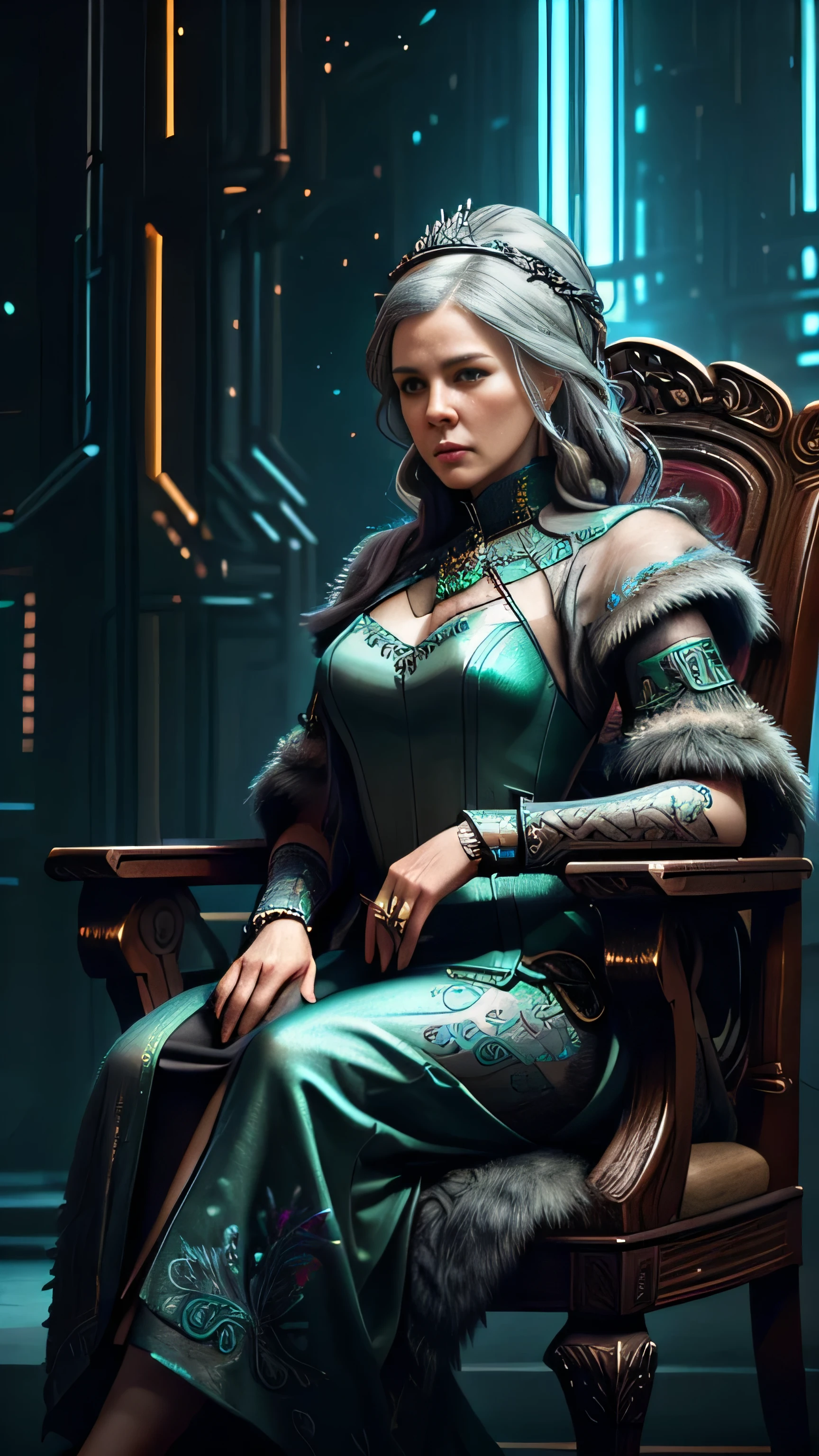 (сyberpunk style), neon, (Diana Rigg) as Olenna Tyrell, rich old lady, grey hair, long green сyberpunk royal dress, cyberpunk diadem, sitting, on the сyberpunk chair, near сyberpunk round table, in the сyberpunk garden, Game of Thrones, (1woman), (solo), (full body view), beautiful detailed glow, detailed, cinematic light, intricate detail, realistic, highres, detailed facial features, high detail, sharp focus, smooth, aesthetic, extremely detailed, stamp, octane render