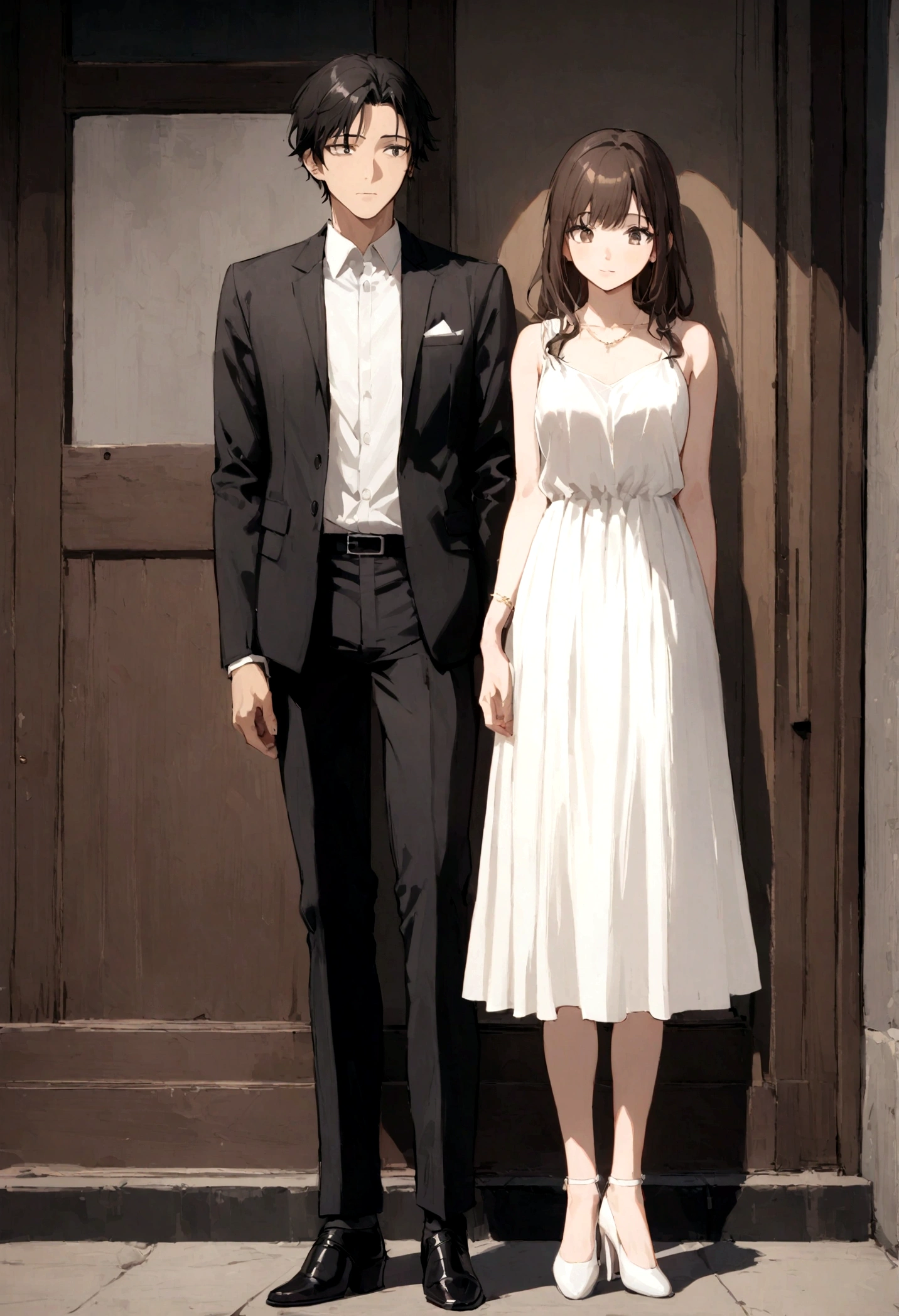 Age 25, human, Japanese Male, Thick black hair, Black suit, White shirt, Black Pants. Next to her was a 26-year-old girl., reporter, Long dark brown hair, White dress,High Heels、 Stand next to a friend