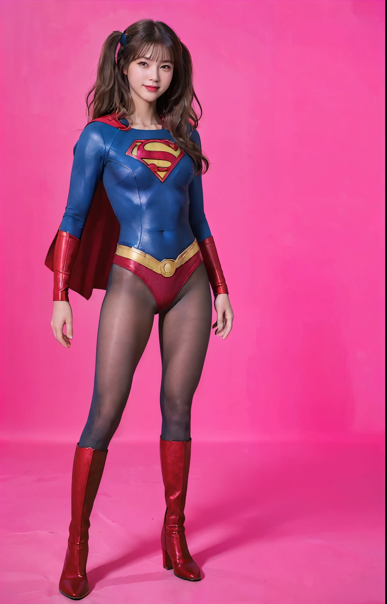 No background、(((Beautiful legs in black tights.)))、(((Legally express the beauty of your smile)))、((((Make the most of your original images)))、(((体にぴったりフィットするSupergirl Costume)))、(((Supergirl Costume)))、(((Beautiful twin tail hairstyle)))、(((She is winking cutely.)))、(((Please wear black tights....、Wear red boots)))、((Best image quality、8k))、((highest quality、8k、masterpiece:1.3))、(((Preserve background )))、Sharp focus:1.2、Beautiful woman with perfect figure:1.4、Slim Abs:1.2、Wet body:1.5、Highly detailed face and skin texture、8k