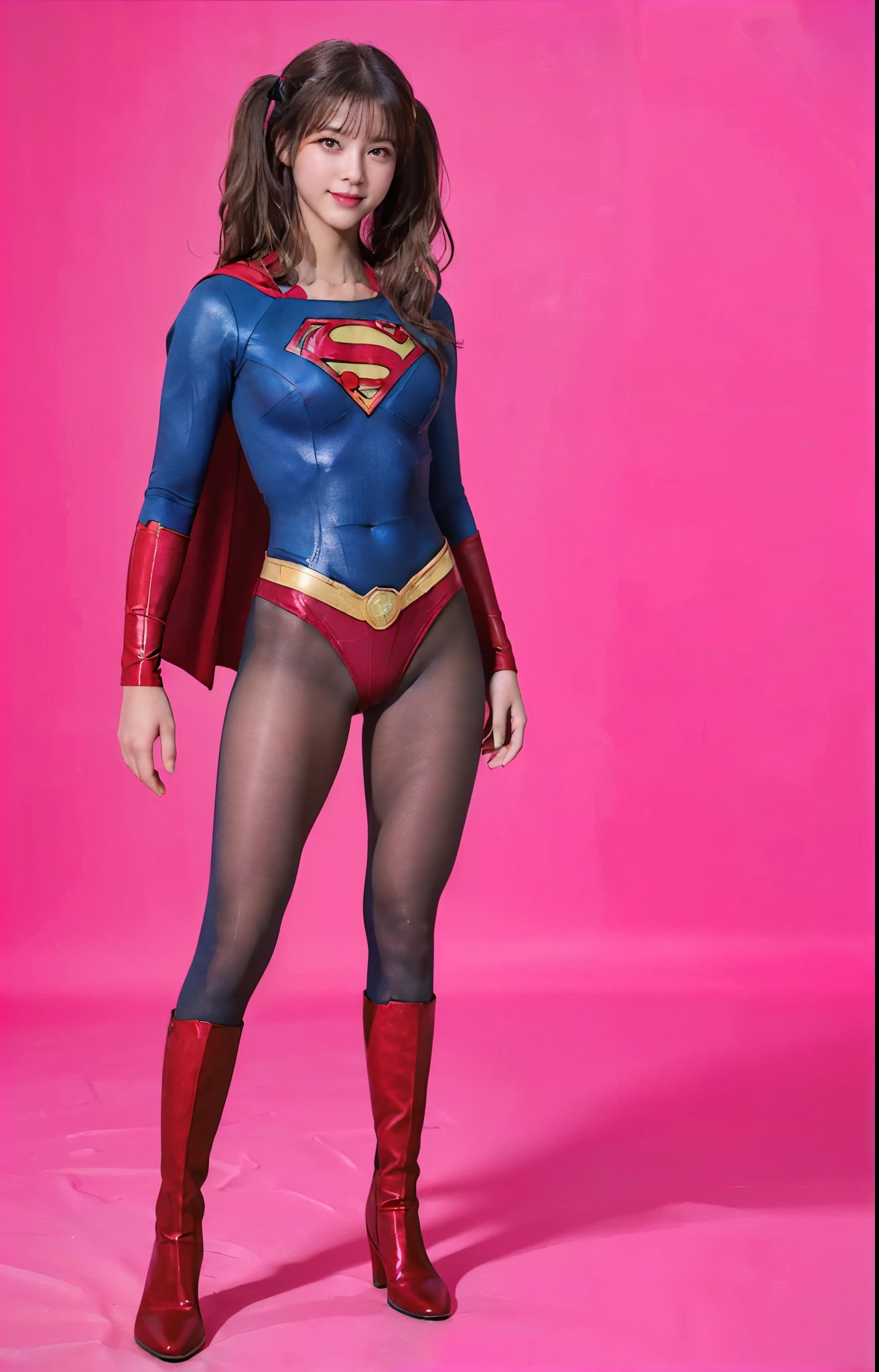 No background、(((Beautiful legs in black tights.)))、(((Legally express the beauty of your smile)))、((((Make the most of your original images)))、(((体にぴったりフィットするSupergirl Costume)))、(((Supergirl Costume)))、(((Beautiful twin tail hairstyle)))、(((She is winking cutely.)))、(((Please wear black tights....、Wear red boots)))、((Best image quality、8k))、((highest quality、8k、masterpiece:1.3))、(((Preserve background )))、Sharp focus:1.2、Beautiful woman with perfect figure:1.4、Slim Abs:1.2、Wet body:1.5、Highly detailed face and skin texture、8k
