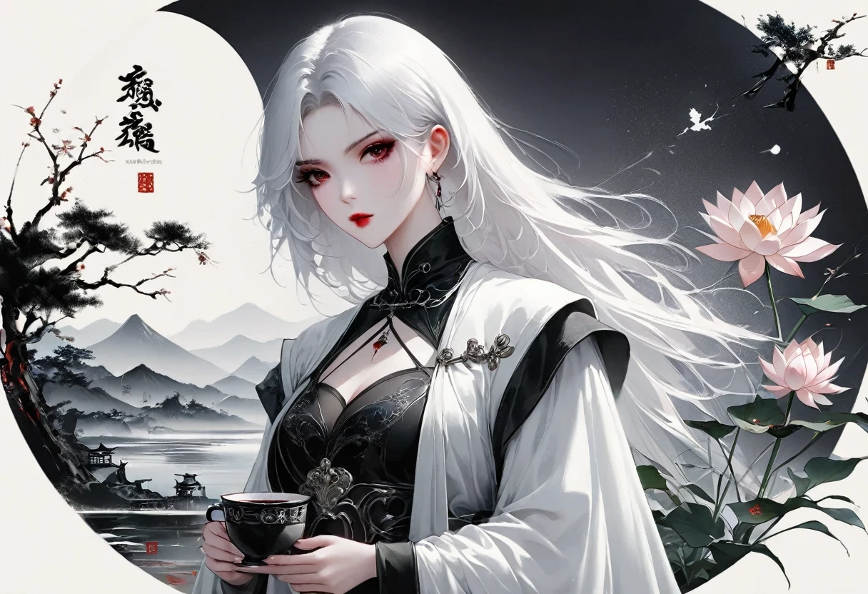 (Lots of white space:1.5)，(Lots of white space around:1.6), White background, simple, Minimalism, abstract,Freehand，Aesthetic，black and white，Ink Painting，antiquity，Lotus，Girl drinking tea，An abstract art illustration, author：Li Song, Arte no estilo de guweiz, arte shin jinyoung, Obra-prima de guweiz, Ross chart 1. 0, Beautiful digital illustrations, Inspired by non-WLOP, simpledigital art, jingna zhang, guweiz, Stunning digital illustrations