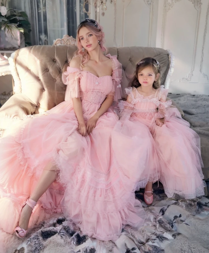 a woman and a baby are sitting on a couch in a pink dress, maternal photography 4 k, pink romantic tutu, pink pastel, with soft pink colors, very magical and dreamy, wearing a pink ballroom gown, dressed in a pink dress, ethereal fairytale, pastel pink, in pastel colors, wearing a pink romantic tutu, wearing pink romantic tutu, photoshoot, dreamy style