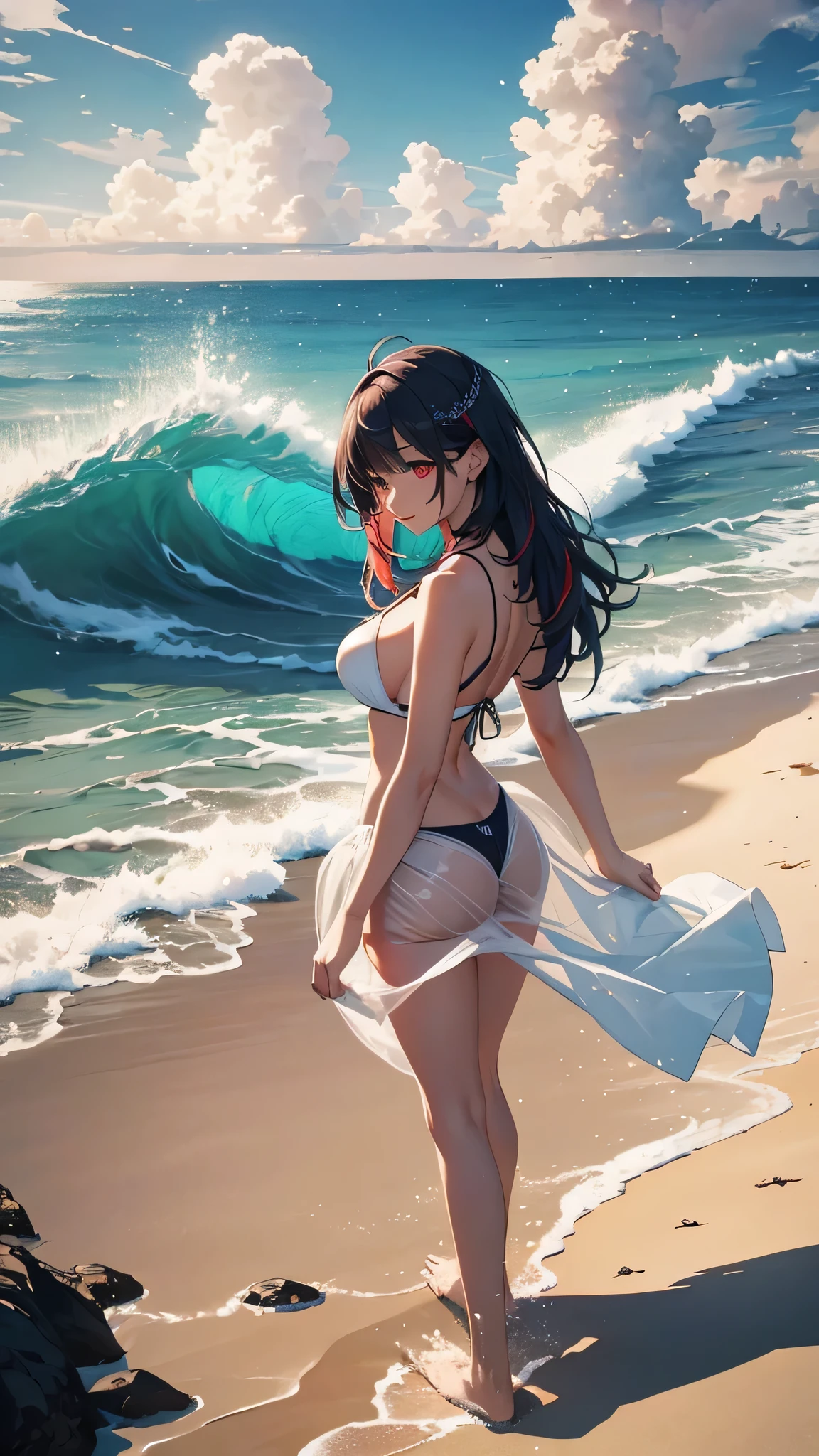 Highest quality、Highest quality、Masterpiece、girl((20-year-old、as soon as、Highest Bust、Medium Bust、Wide open chest、Red glowing eyes、Light Blue Hair、Disheveled Hair、Loincloth、thin、The best valley、Open chest、Full body view、White see-through、White Bikini、Smile、On all fours))、high quality、Beautiful Art、background((Ocean、Wave、beach、Palm tree))、flight、Flying Debris、Depth of text、movie、Visual Arts、Perfect Art、8K、Genuine、Special Angles