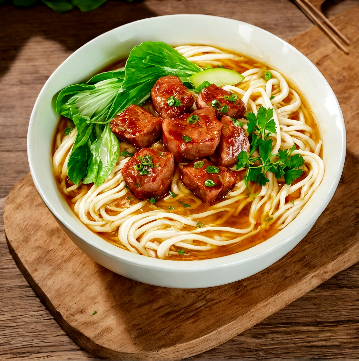 araffy bowl of Noodle with meat and greens on a wooden board, Sichuan, High quality food photography, Pan Renwei Style, Real photos of delicious Vietnamese noodles, Inspired by Chen Tingpo, tasty, Noodle, Highly detailed composition, Handsome, HD Food Photography, daopao, Warm, Professional Food Photography, beef, Aokamei