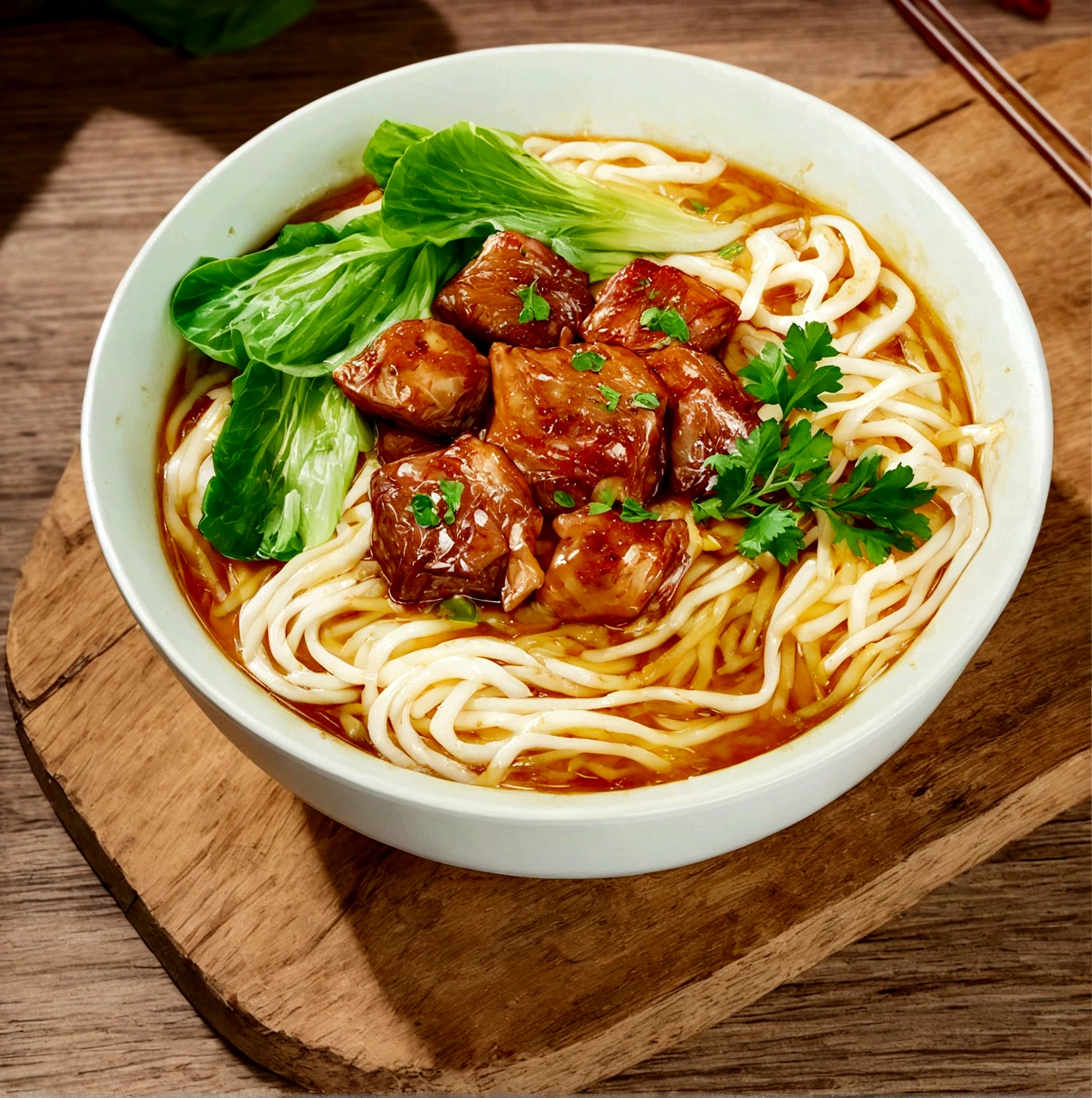 araffy bowl of Noodle with meat and greens on a wooden board, Sichuan, High quality food photography, Pan Renwei Style, Real photos of delicious Vietnamese noodles, Inspired by Chen Tingpo, tasty, Noodle, Highly detailed composition, Handsome, HD Food Photography, daopao, Warm, Professional Food Photography, beef, Aokamei