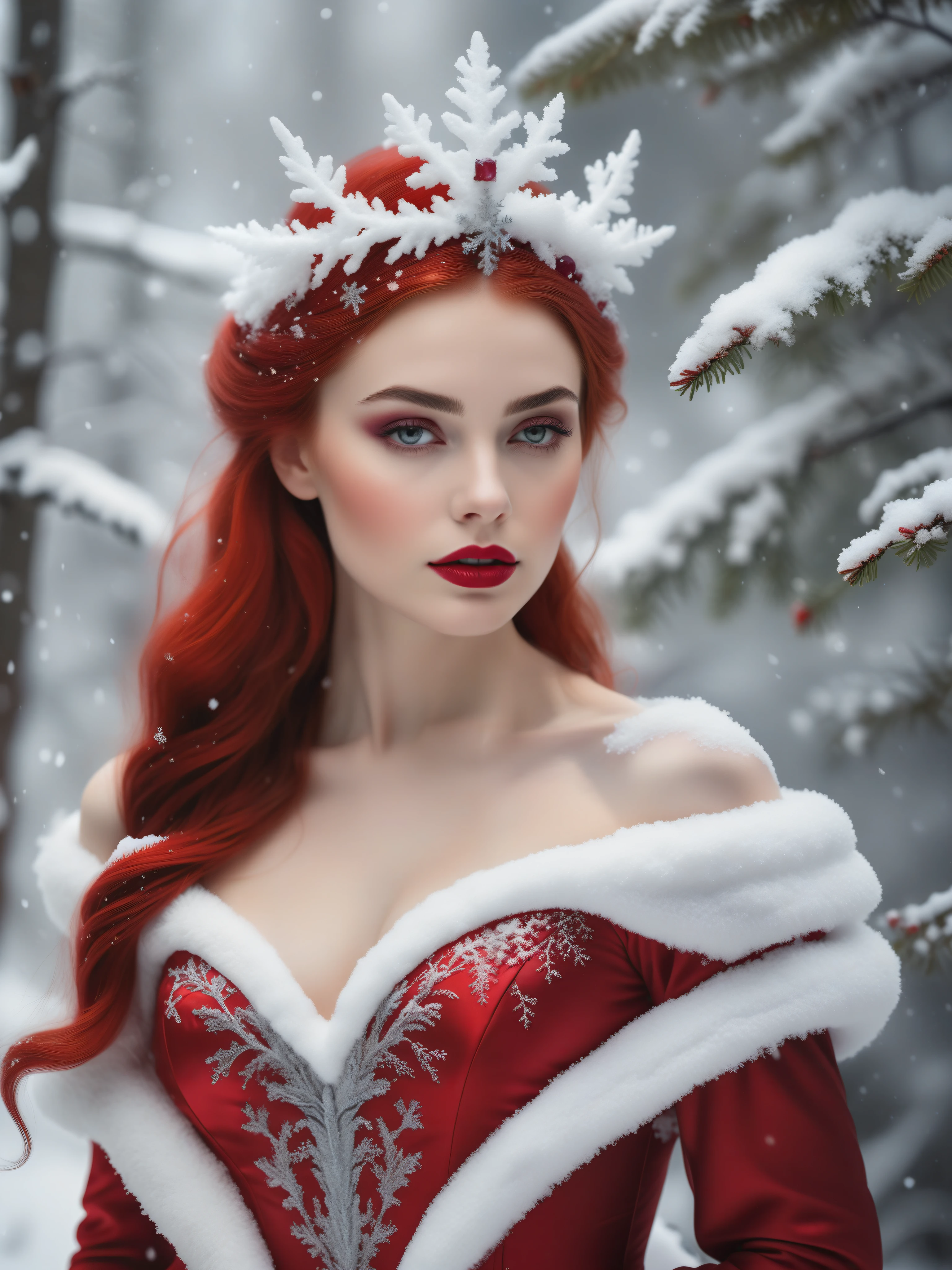 liza_white_model  snow fae princess, photo real,  (8k, RAW photo, highest quality), hyper realistic, red ruby gemstone suit, hauntingly beautiful illustrations, fairytale-inspired, winter snow background, blurry background
 lora:add-detail-xl:1> "
 p