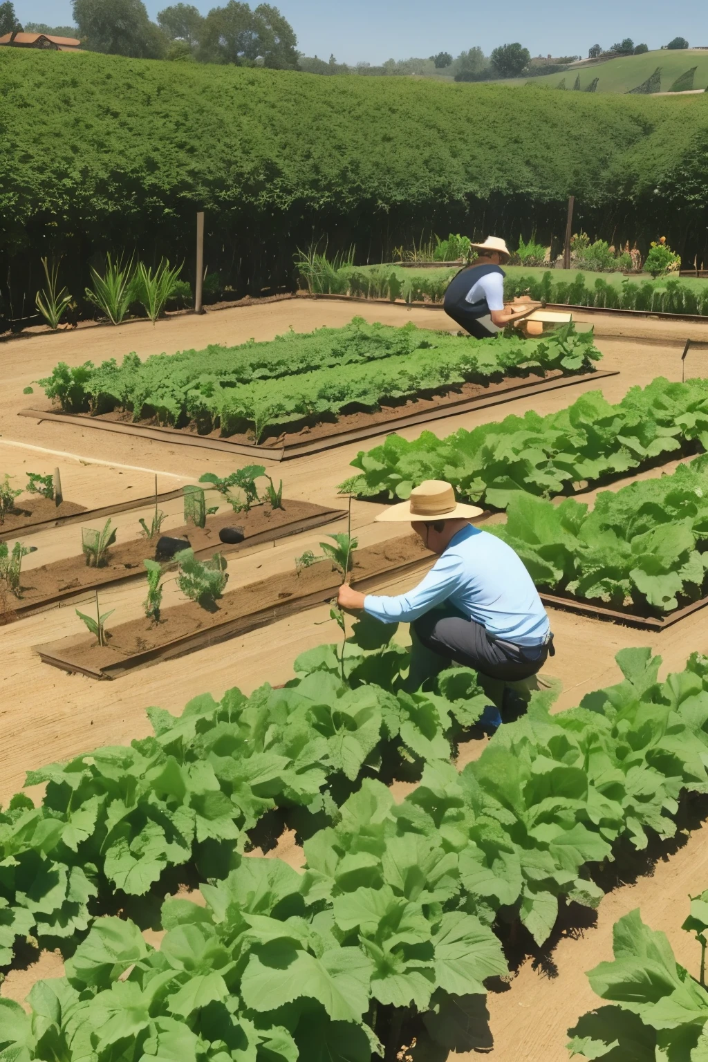 Draw a picture of farmers harvesting in the vegetable garden.