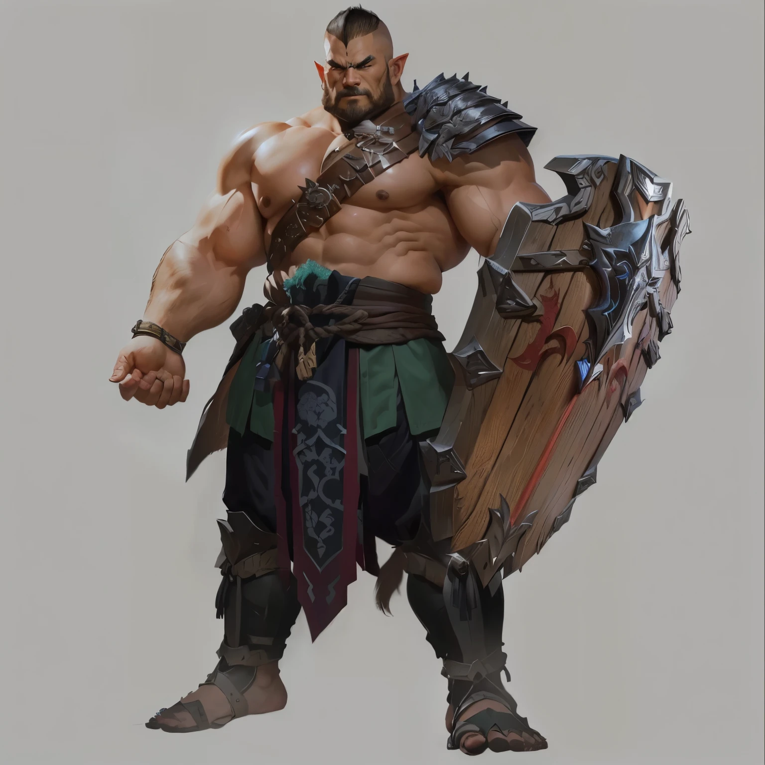 Close-up of a man holding a shield, barbarian class, dnd giant character concept, Warrior concept art, Hero fantasy character concept, role playing game (RPG) concept art character, Diablo concept art, male barbarian, Male Warrior, picture of an adult Male Warrior, role playing game角色概念艺术, Samurai character design, Warrior dnd role, AuthorShen Zhou, bald orc mechanic,Barefoot,Bestial feet