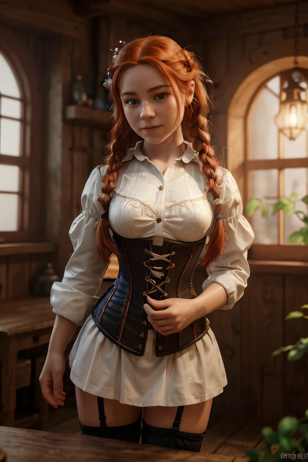 a small gnome girl with bright red hair in braids, wearing a corset and a white shirt, highly detailed, masterpiece, (best quality,4k,8k,highres,masterpiece:1.2),ultra-detailed,(realistic,photorealistic,photo-realistic:1.37),fantasy,intricate details,magical,whimsical,warm colors,soft lighting