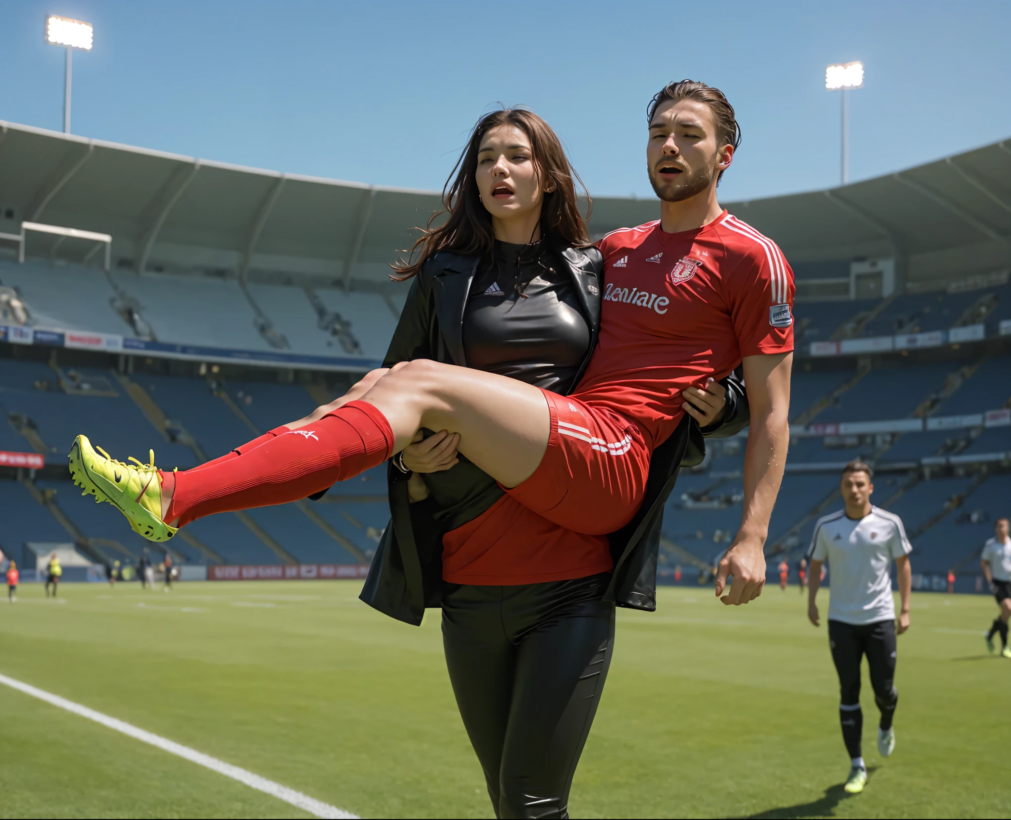 fainting, fainted man, unconscuous man, passed out, Andrea carries the wounded man's body in her hands, Andrea grabs his legs and his body with her hands, the bearded man in Andrea's arms is visibly in pain, stadium atmosphere, the bearded man is lying consciousless in Andrea's arms with one arm hanging down, A scene at a soccer stadium, a bearded man lying in a caring women's arms, lying helpless in her arms with his head dangling down, he has one arm dangling down while being carried in the women's arms, There is an attractive and heavily made-up woman in a long black leather coat, A pretty woman in a shiny black leather coat on a soccer field, A wonderful woman is holding a passed out man, A man in matt and roughened sportswear is held diagonal in her arms, a man in a woman's arms and lets one arm dangling down, we see the man held in front of the woman's body, the man is cradled in the woman's arm while being carried, the beautiful woman is exceptionally heavily made up and has an extremely desperate and very angry expression on her face, high-resolution photo, realistic sports photo, soccer scene, woman in black shiny long leather coat, injury scene, real photo, ultra realistic, high definition, sports photography