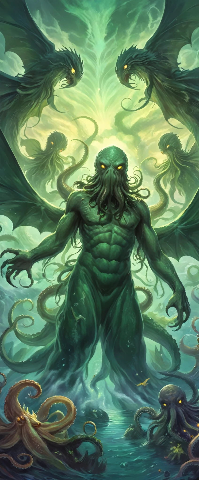 a lot of ugly mermans\(deep ones\) praying with the very huge merman\(Dagon,scales,water scraps on hands and feet\) to Cthulhu, in the background (psychedelic landscape) with an (excessively huge haze in the shape:1.8) of Cthulhu\(green, octopus-shaped head, bat wings, human body, scales\) which is (maddening just to look at:1.3),(dark underwater temple),(dynamic angle:1.2),art for THE CALL OF CTHULHU\(Howard Phillips Lovecraft\)