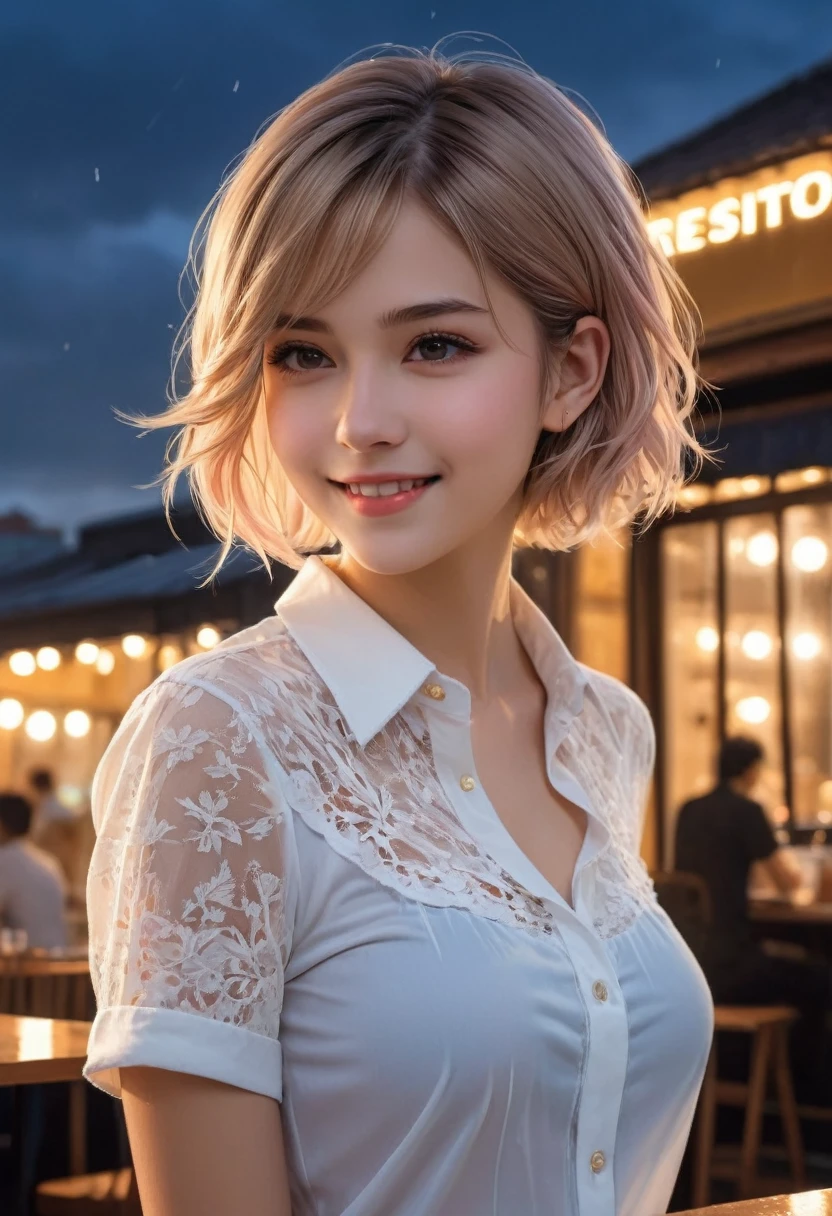 (8K, Top quality, masterpiece: 1.2), (Practical, photoPractical: 1.37), Super detailed, 1 girl, , Solitary, small breasts, Beautiful and detailed sky, Detailed café, night, (blush), (Smile: 1.15), (Shut up), small, (Collared shirt: 1.1), night, wet, Office Clothing, rain, White lace, (short hair: 1.2), Flowing HairNovaFrogStyle, Casual sexy pose,