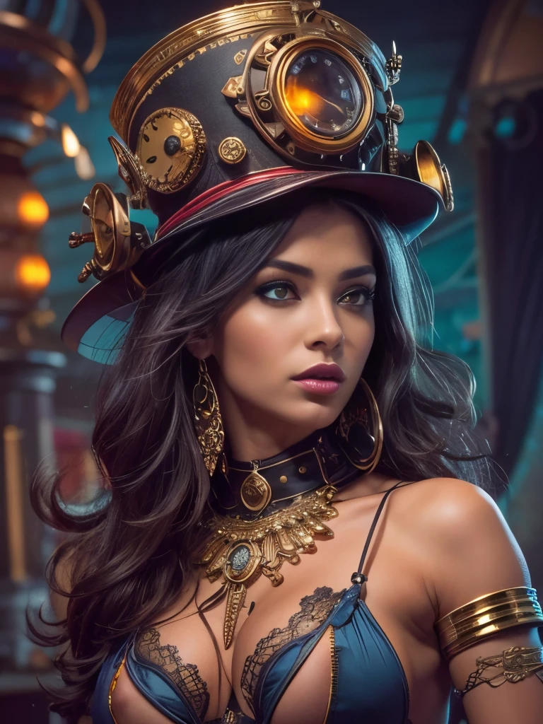 One ultra hot gorgeous European Woman, age 23. She’s a beautiful playmate, men magazine model. style Steampunk, steam punk warrior, dark colors,  neon blues, led, hyperrealistic, background dragon red and fire, yellow, full colors vibrants. Perfect anatomy, perfect hair, perfect breast, perfect body, perfect hands, perfect face, perfect eyes, accurate, anatomically correct, perfect clear and crisp focus, UHD, masterpiece, 
