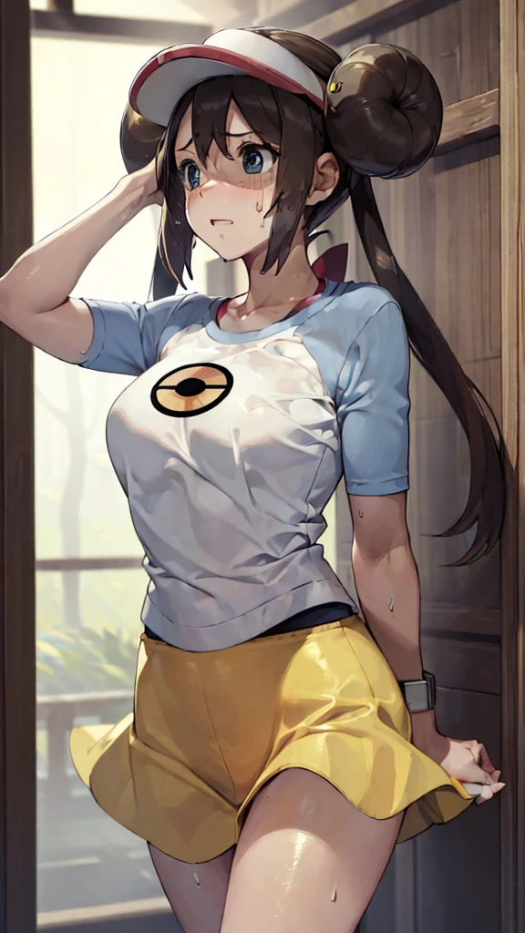 ((masterpiece:1.4)), ((最high quality:1.4)), ((masterpiece)), ((最high quality)), ((Intricate and detailed:1.4)), ((Super detailed)), 11-year-old female, Perfect body, Perfect clear skin, Surreal, Hyperrealism, Realistic, 超high quality, masterpiece, high quality, beautiful, Sexy Face, (Big eyes:1.3), beautiful目, Hyper Detail, Super detailedな目, cute, Tone it down a bit, fit, Sexy waist, Sexy Hips, Perfect Legs, Thigh Gap, To the camera, Rosa(Pokemon), 1 girl, alone,Double good, Hair Bun, Visor Cap,T-Shirts,((T-Shirtsに乳首が透ける)),((T-Shirtsに汗)),((Long nipples)),(((skirt))), Brown Hair, blush, (体にfitした衣装、Tight outfit),indoor,((Against the backdrop of a medieval aristocratic mansion,playful nature:1.4))(Blurred Background:1.2), Detailed Background,(((Lots of sweat)))