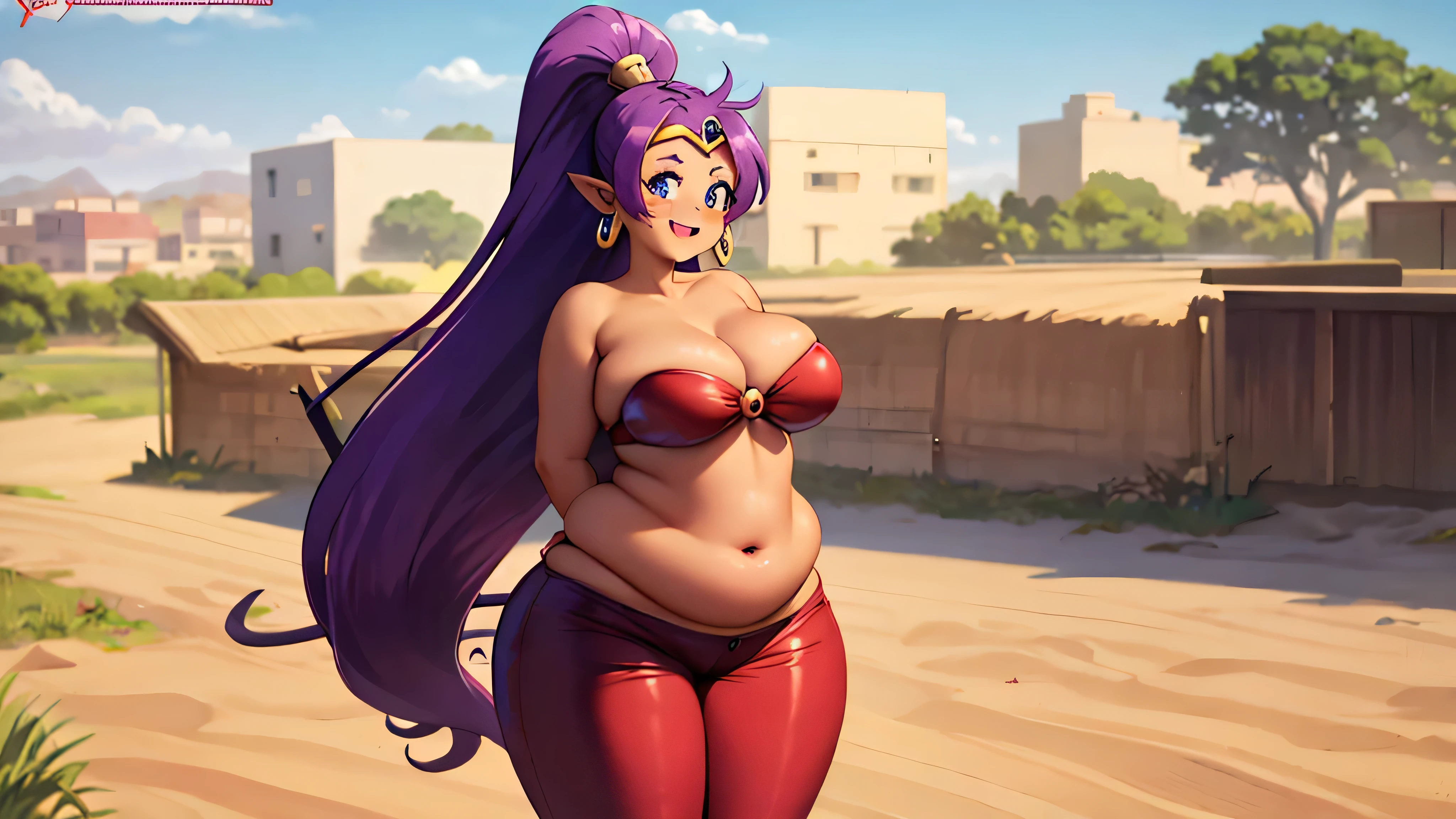 Shantae, tiara, Gargantilha, brincos de argola, bandeau o-ring, Clamps, red latex pants, seios grandes, sorriso, dentes, muito gorda, quadris super largos, bunda grande, peitos enormes, barriga grande, gordinha, big arms, barriga de gordura dupla, plano de fundo: mercado ambulante no deserto