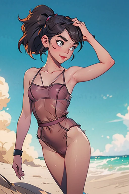 Realistic Art Style, Natural Beauty, Masterpiece, Full Body View Visible, Hailee Steinfeld, Perfectly Accurate Face Proportion,Realistic Light Hazel Brown Eyes, Thick Eyebrows, Ponytail Hairstyle, slim toned Thighs, tight ass, perky round breast , slim body type, perfect body type, realistic pink vagina, seductive smile, See-through Lingerie(naked)