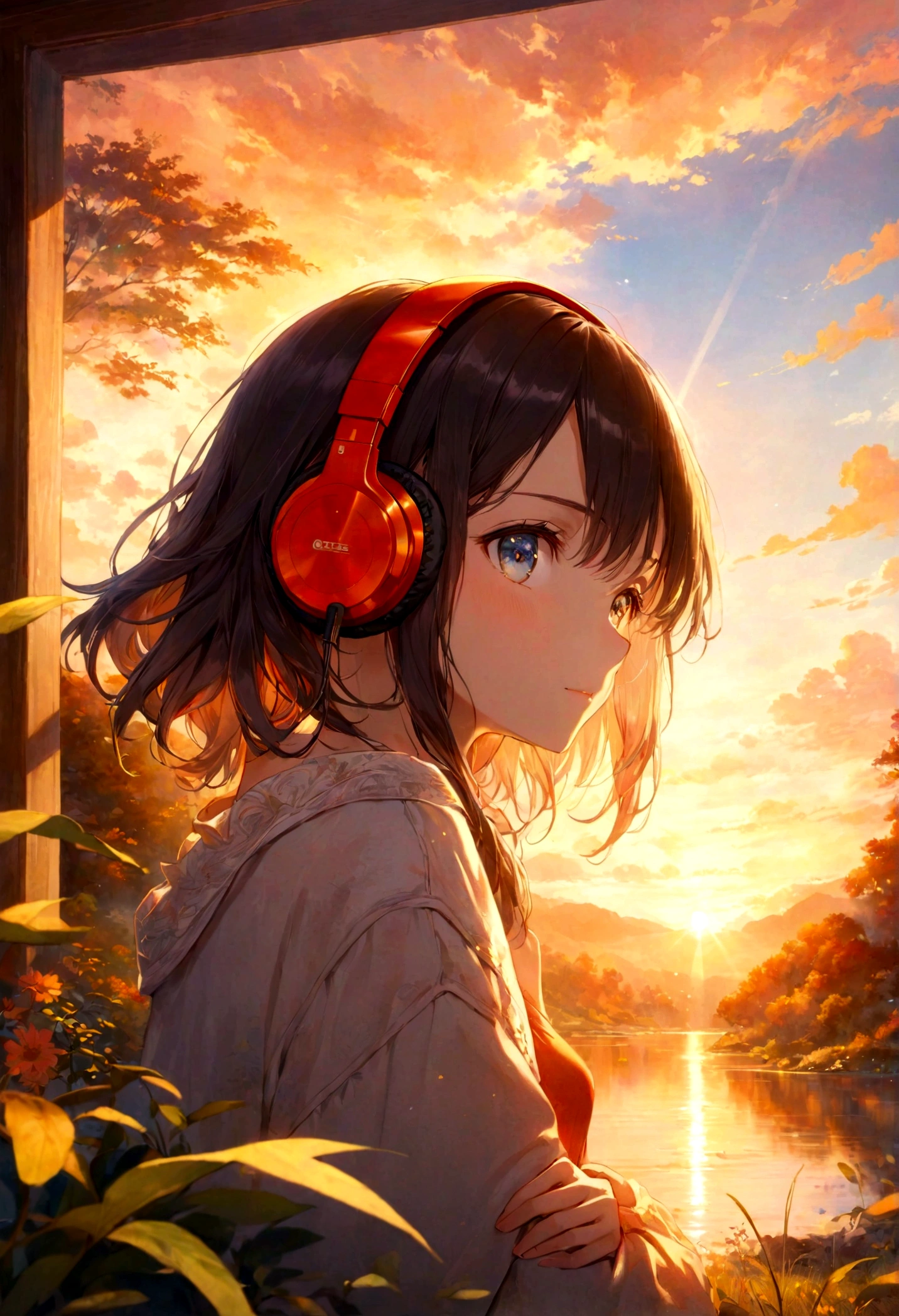 A young woman with headphones, entranced by the stunning sunset before her. She radiates peace and contentment, her eyes reflecting the warm hues of the sky as she basks in the glow of nature's beauty. This scene is portrayed in a beautifully detailed anime-style painting, capturing the girl's serene expression and the vibrant colors of the setting sun. The cozy atmosphere of her home is evident in the warm lighting and comfortable surroundings, enhancing the overall sense of tranquility and comfort emanating from the image.