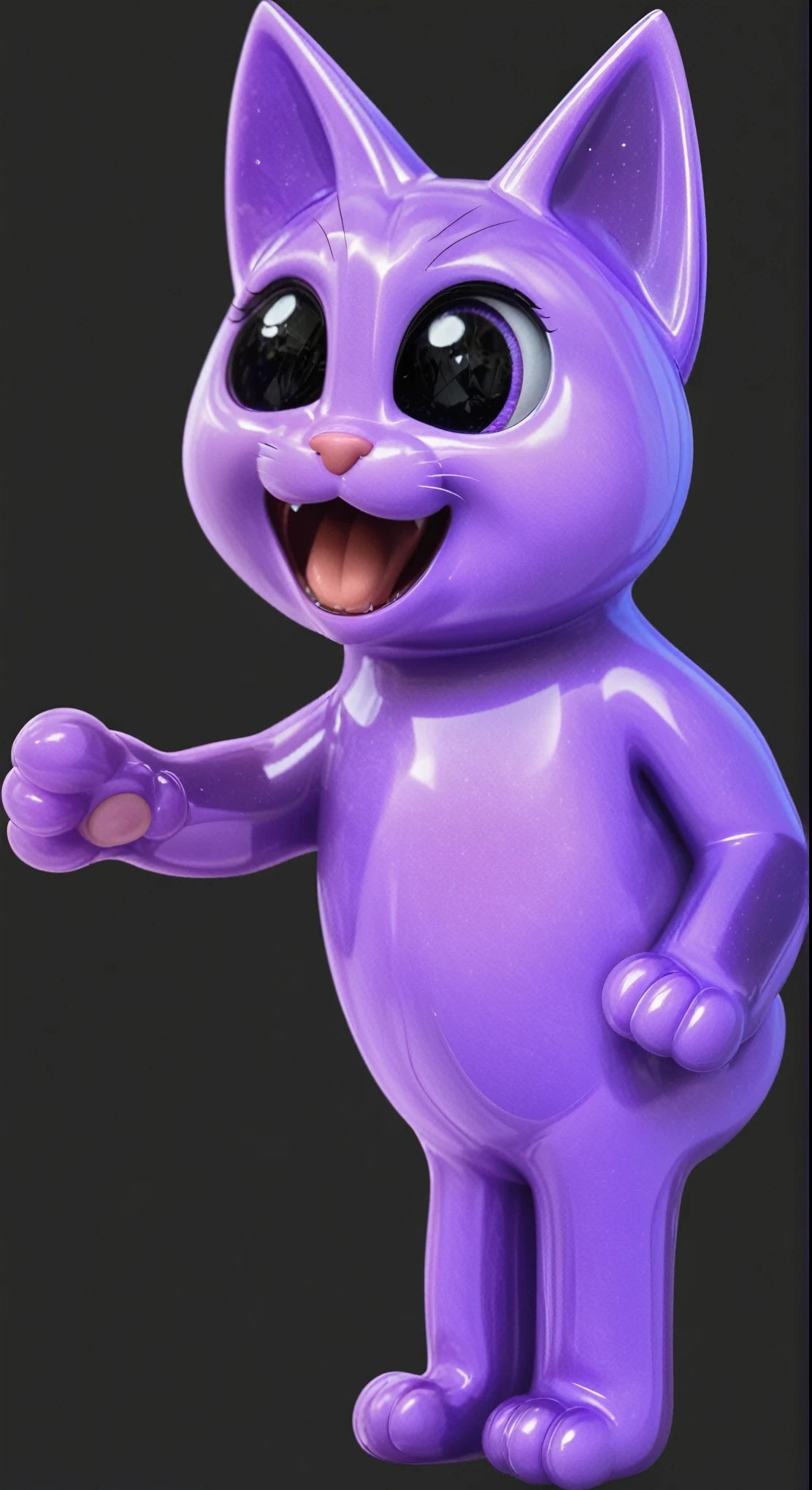 adorable cat-like creature big eyes, cute violet 3d cat, cute violet 3d realistic cat toy made of plastic at cartboard box glossy texture, smooth 3d model, glossy plastic texture, multiple light sources, rim light, sharp post effects render, most beautiful vfx, , realistic, 4k, high resolution, rim light, smooth 3d model. , (glossy plastic texture with multiple big light probe refractions)