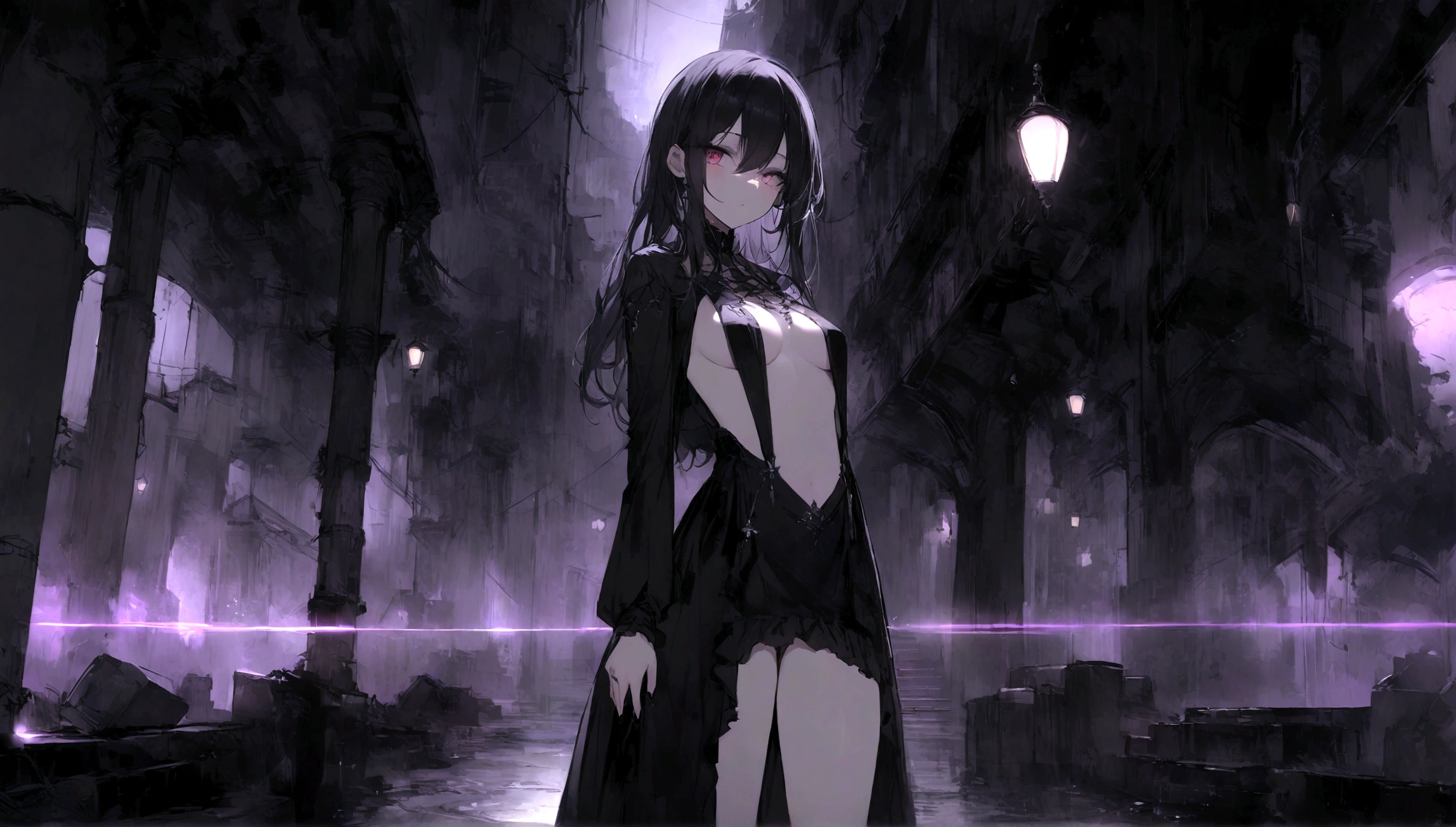 "Dark Station": Capture the eerie atmosphere of a dark city at night, Shadows loom、Danger is in the air.The station lights glow dimly,One Young Woman,