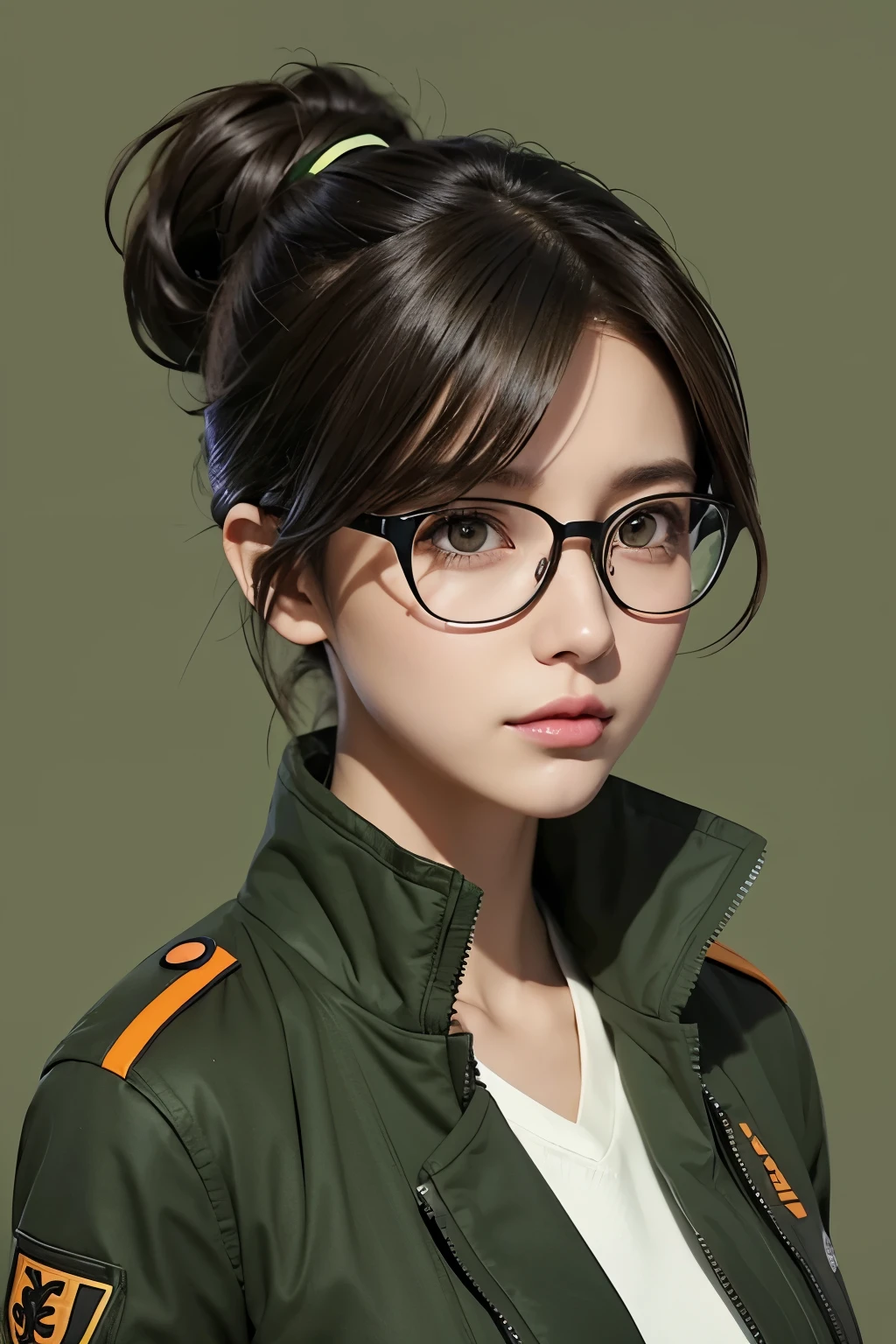1 female inventor, Hair color is light brown and tied together., eyes are big、The color is brown, Closer to bright orange,, Large black horn-rimmed glasses, Wearing an army green colored flight jacket ,modern animation style, Anime style illustration, By Shinkai Makoto ( Apex Legends ), Digital Animation Illustration,