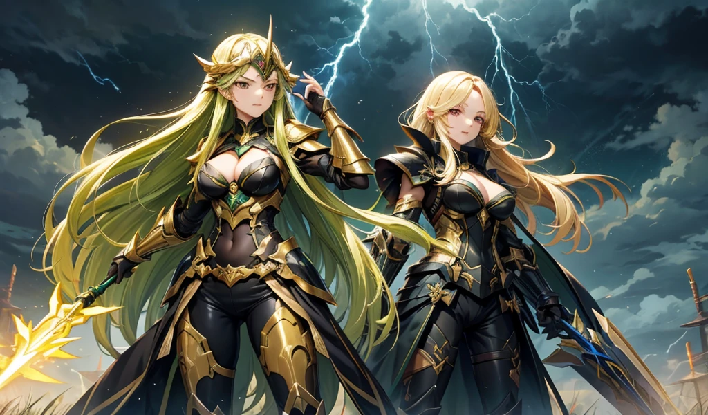 Beauty with green long hair ,Golden forehead protector,Japanese lightning totem black armor,cleavage,,spear,Standing,dark clouds thunder and lightning