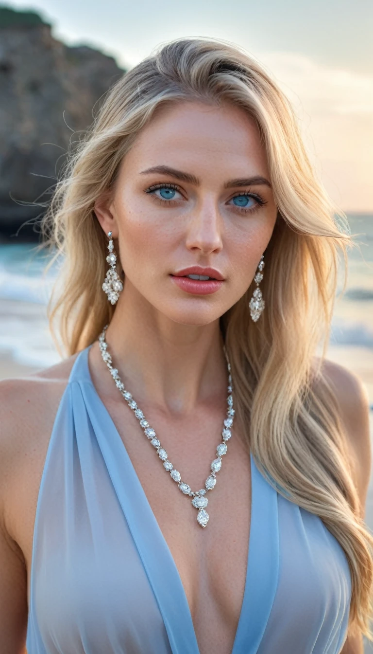 (detailed), perfect face, realistic photo of beautiful woman, blue eyes, piercing eyes, long hair, blond hair, wearing detailed necklace, Polish, influencer, light freckles, big lips, no makeup, wearing detailed bracelet, wearing detailed watch, wearing detailed diamond ring, Instagram, 64k, sharp photo, perfect body, model looking, realistic photo of a woman, romantic atmosphere, The full-body shot of this attractive toman should feature a striking pose, random hairstyle, golden, blond hair color, perfect detailed hands, perfect detailed fingers, ((best quality)), ((masterpiece)), secluded beach at sunrise, where the first light of day paints the sky in shades of pink and soft orange. The gentle sound of waves lapping against the shore creates a tranquil ambiance. A light, salty breeze carries the fresh scent of the ocean. Standing on the soft, white sand is a woman with sun-kissed blonde hair and captivating blue eyes that mirror the vast ocean before her. She wears a light blue, chiffon maxi dress that flows with the wind, adorned with a delicate, sea-themed silver charm bracelet and matching earrings. Her feet are bare, connecting her to the natural beauty of the beach. This serene coastal setting, combined with her ocean-inspired attire, creates a harmonious and elegant image., (solo, full body photo:1.3), (action packed:1.3) (looking away:1.3), (haze, fog, mist:1.3), chiaroscuro, AnalogRedmAF (8k, RAW photo, best quality, masterpiece:1.2), (realistic, raw photo:1.37), best quality, ultra high res, 1woman,night,wet,rain,red (photorealistic face:1.2), (8k), (4k), (Masterpiece),(realistic skin texture), (illustration, cinematic lighting,wallpaper),(beautiful eyes:1.2),((((perfect face)))),(cute),(standing),(blonde hair),(long hair),grey eyes,red lips, (outdoors), perfect eyes Professional, modern, product-focused, commercial, eye-catching, highly detailed