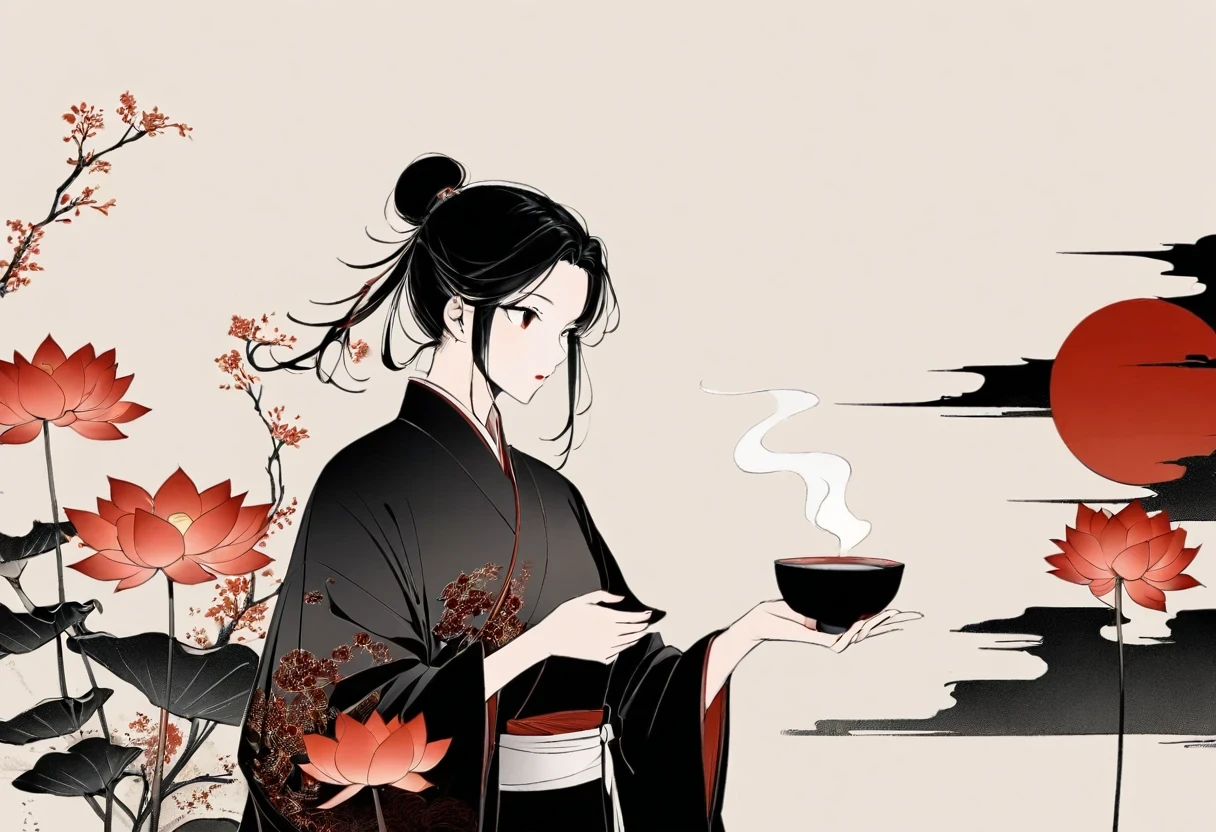 (Leave a lot of white:1.5)，white, White background, simple, Minimalism, abstract,Freehand，Aesthetic，Tai Chi，Gossip，Black and white，Taoist style，Ink Painting，antiquity，Lotus，Girl drinking tea