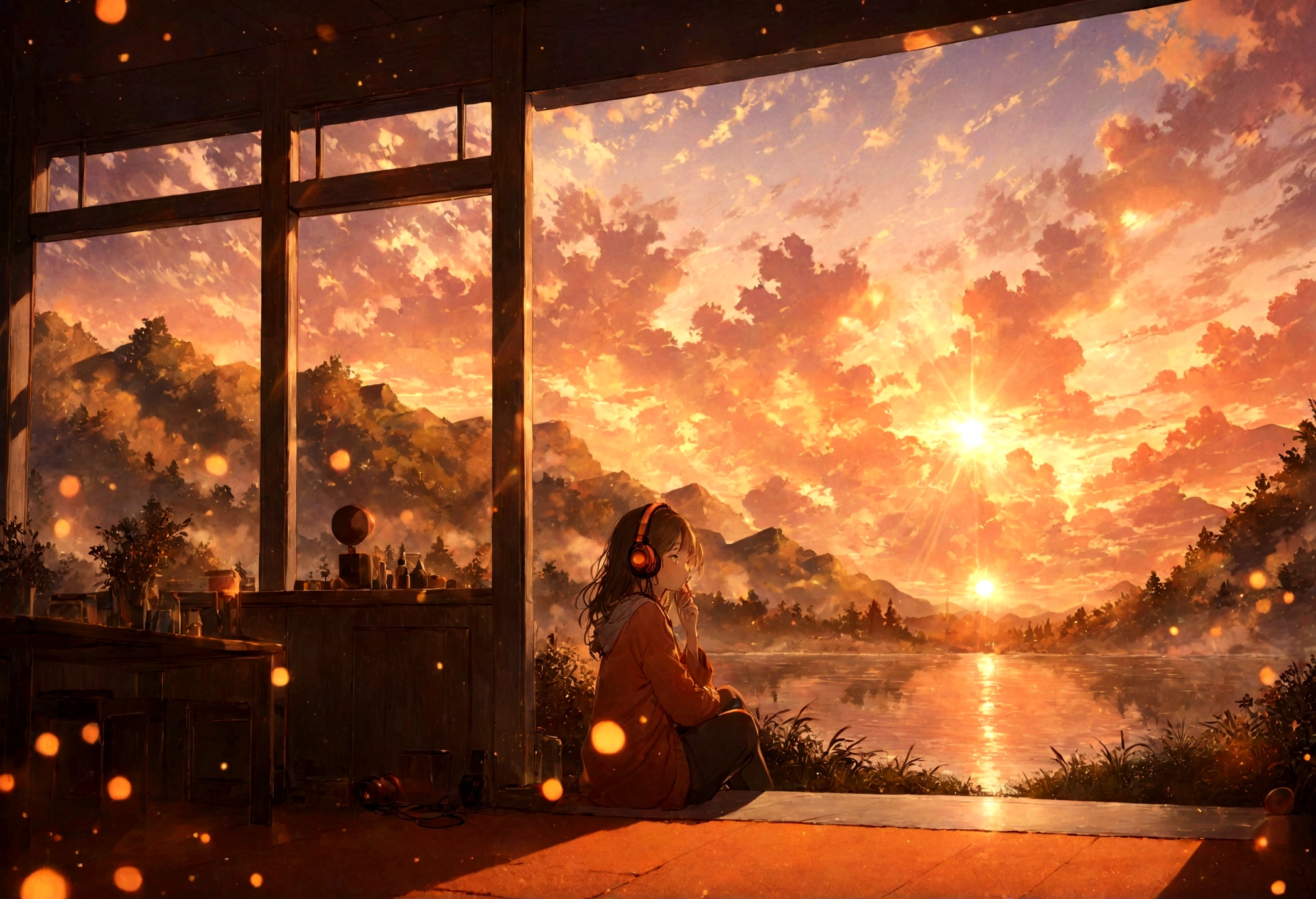 A young woman with headphones, entranced by the stunning sunset before her. She radiates peace and contentment, her eyes reflecting the warm hues of the sky as she basks in the glow of nature's beauty. This scene is portrayed in a beautifully detailed anime-style painting, capturing the girl's serene expression and the vibrant colors of the setting sun. The cozy atmosphere of her home is evident in the warm lighting and comfortable surroundings, enhancing the overall sense of tranquility and comfort emanating from the image.
