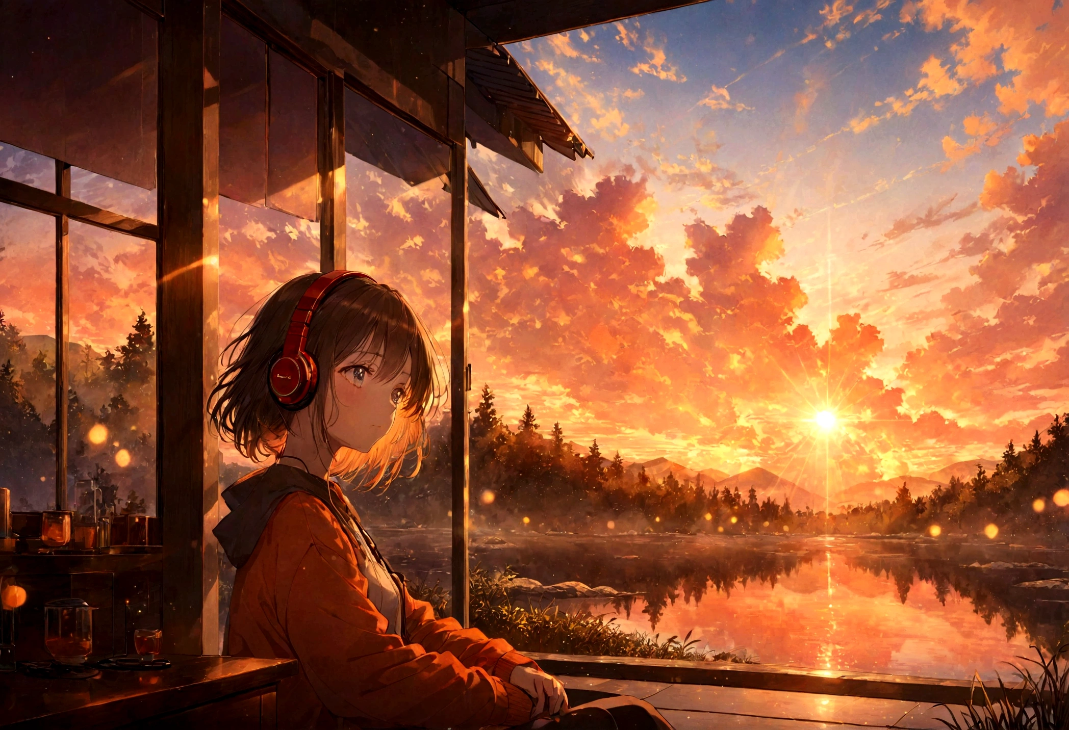 A young woman with headphones, entranced by the stunning sunset before her. She radiates peace and contentment, her eyes reflecting the warm hues of the sky as she basks in the glow of nature's beauty. This scene is portrayed in a beautifully detailed anime-style painting, capturing the girl's serene expression and the vibrant colors of the setting sun. The cozy atmosphere of her home is evident in the warm lighting and comfortable surroundings, enhancing the overall sense of tranquility and comfort emanating from the image.