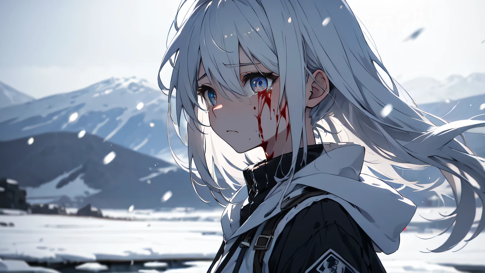 masterpiece:1.2), best quality , 独奏 ,pixiv, anime girl ，long straight white hair , black eyes ,Wearing off-white camouflage uniform ,ten years old，modern battlefield，(Eyes looking into the distance:1.3)，(look away:1.5)，snowy weather，dirty face，blood on forehead，dirty face，Backlight，Bare rocky peaks ,The expression is sad，leave tears，When the war situation seems to be developing for the better,，A girl wakes up from her deep sleep，She doesn&#39;t understand her own life、Not sure about the power in the body，As pure as white paper。At the same time, another soul is sleeping inside the girl&#39;s body.，it was an accident，It is also one of the waves that changes the world。The characters are relatively small in the picture