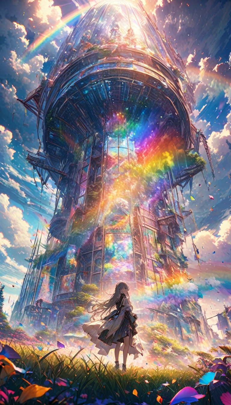 highest quality, Super quality, 16k, Incredibly absurd, Very detailed, delicate and dynamic, A mysterious, gigantic artistic structure made of chrome-plated framework and glass, After the Rain, Sunlight shines through the gaps in the clouds, The glass reflects the colors of the rainbow、The analyzer is displayed, Many rainbow-colored petals fall, The grass is covered with mist, Create amazing image effects
