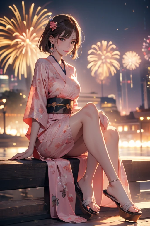 Browsing Caution, 8K Raw Photos, highest quality, masterpiece, Ultra-high resolution, Film Grain, movie, One girl, View Viewer, Natural skin texture, Realistic eye and facial details, full 唇, Lip tick, (compensate), Red eyeshadow, Fluffy short hair,Korean beauty style,Japanese Kimono(Pink based floral pattern),smile, Close your mouth, beautiful feet, Tall Woman, skinny, slim_feet, alone, Large Breasts,Natural pose with fireworks in the background,Brown Hair,Bracelet,Sandals,Night view,VIVIZ,UMJI,Korean Style,Korean,かわいいKorean,Natural Makeup,cute,Medium Short Hair,Earrings,Depth of written boundary