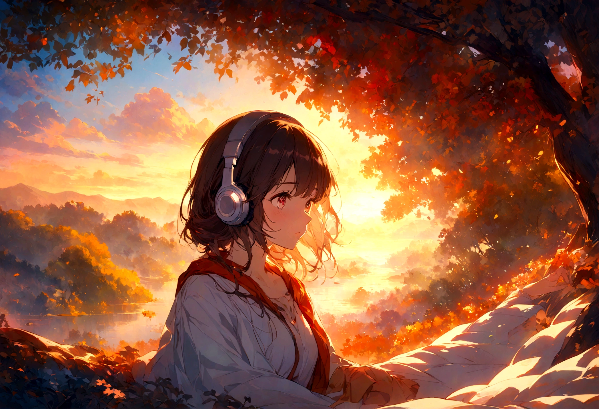 A young woman with headphones, entranced by the stunning sunset before her. She radiates peace and contentment, her eyes reflecting the warm hues of the sky as she basks in the glow of nature's beauty. This scene is portrayed in a beautifully detailed anime-style painting, capturing the girl's serene expression and the vibrant colors of the setting sun. The cozy atmosphere of her home is evident in the warm lighting and comfortable surroundings, enhancing the overall sense of tranquility and comfort emanating from the image.