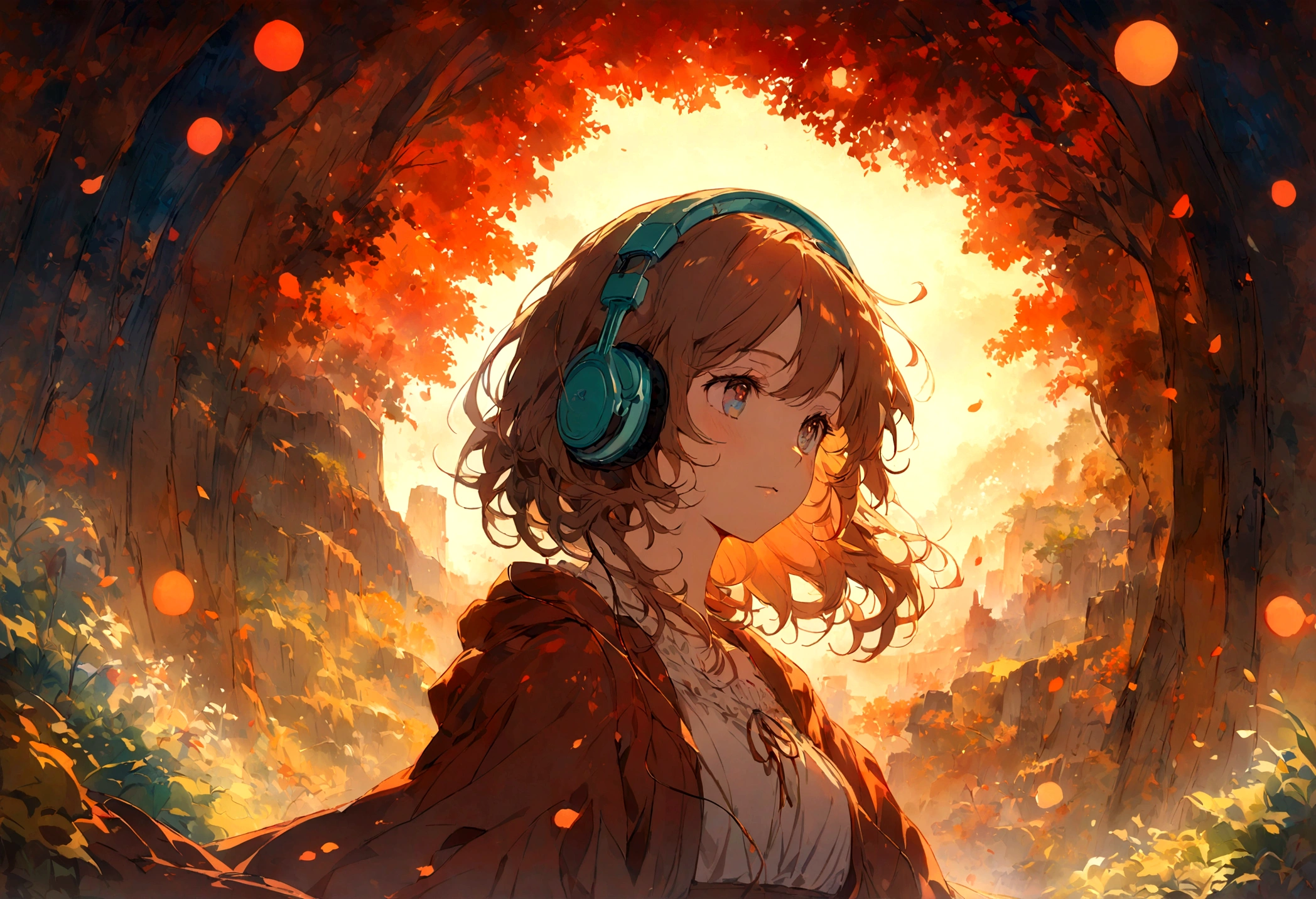 A young woman with headphones, entranced by the stunning sunset before her. She radiates peace and contentment, her eyes reflecting the warm hues of the sky as she basks in the glow of nature's beauty. This scene is portrayed in a beautifully detailed anime-style painting, capturing the girl's serene expression and the vibrant colors of the setting sun. The cozy atmosphere of her home is evident in the warm lighting and comfortable surroundings, enhancing the overall sense of tranquility and comfort emanating from the image.