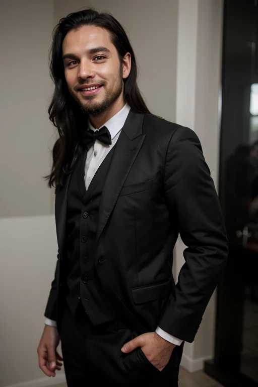 Handsome thin white man goth medium long black hair smiling black suit stubble beard