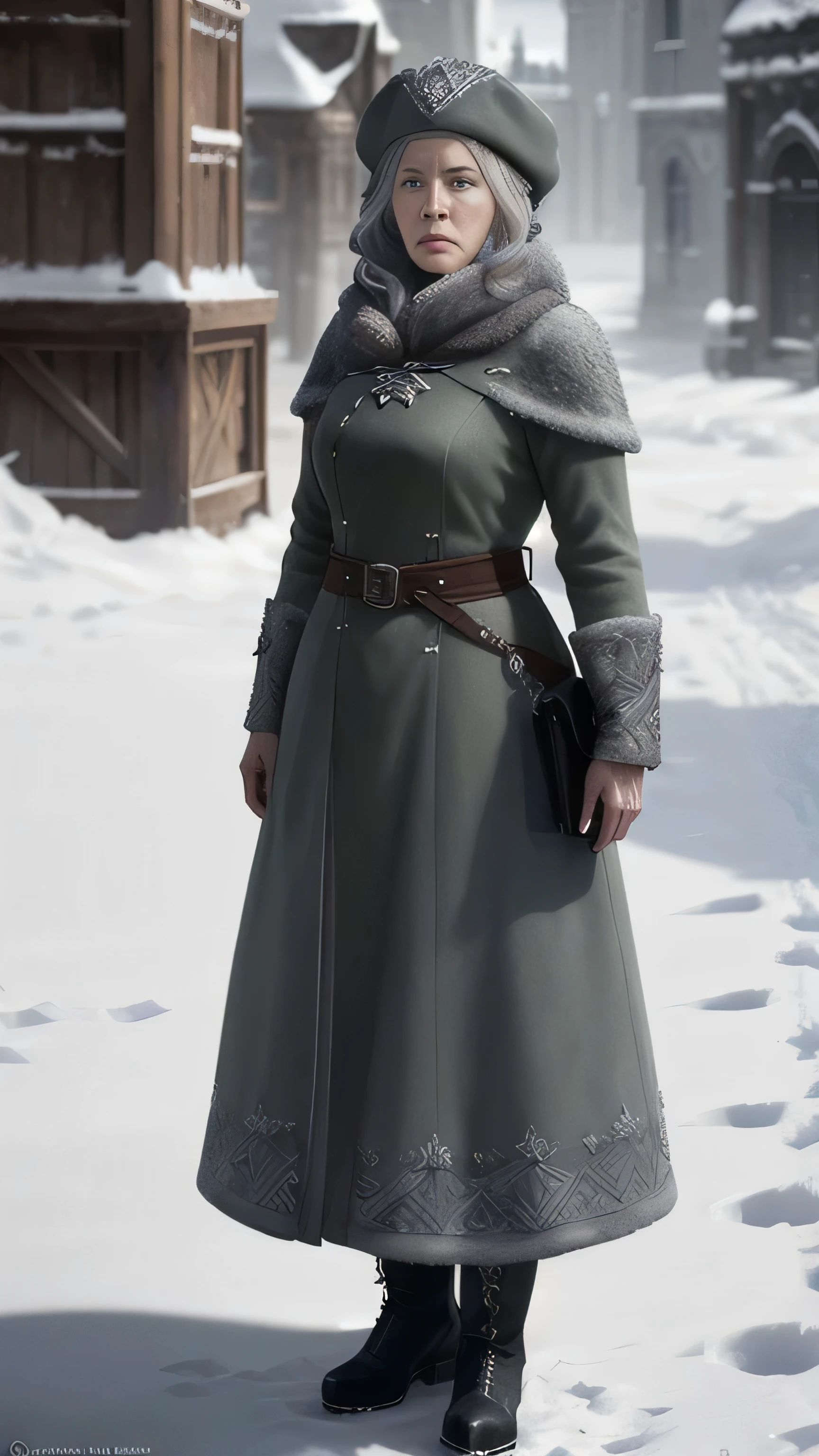 frostpunk, (Diana Rigg) as Olenna Tyrell, rich old lady, grey hair, long green royal coat, hat, boots, standing, in a medival city, cold, winter, snow, Game of Thrones, (1woman), (solo), (full body view), beautiful detailed glow, detailed, cinematic light, intricate detail, realistic, highres, detailed facial features, high detail, sharp focus, smooth, aesthetic, extremely detailed, stamp, octane render