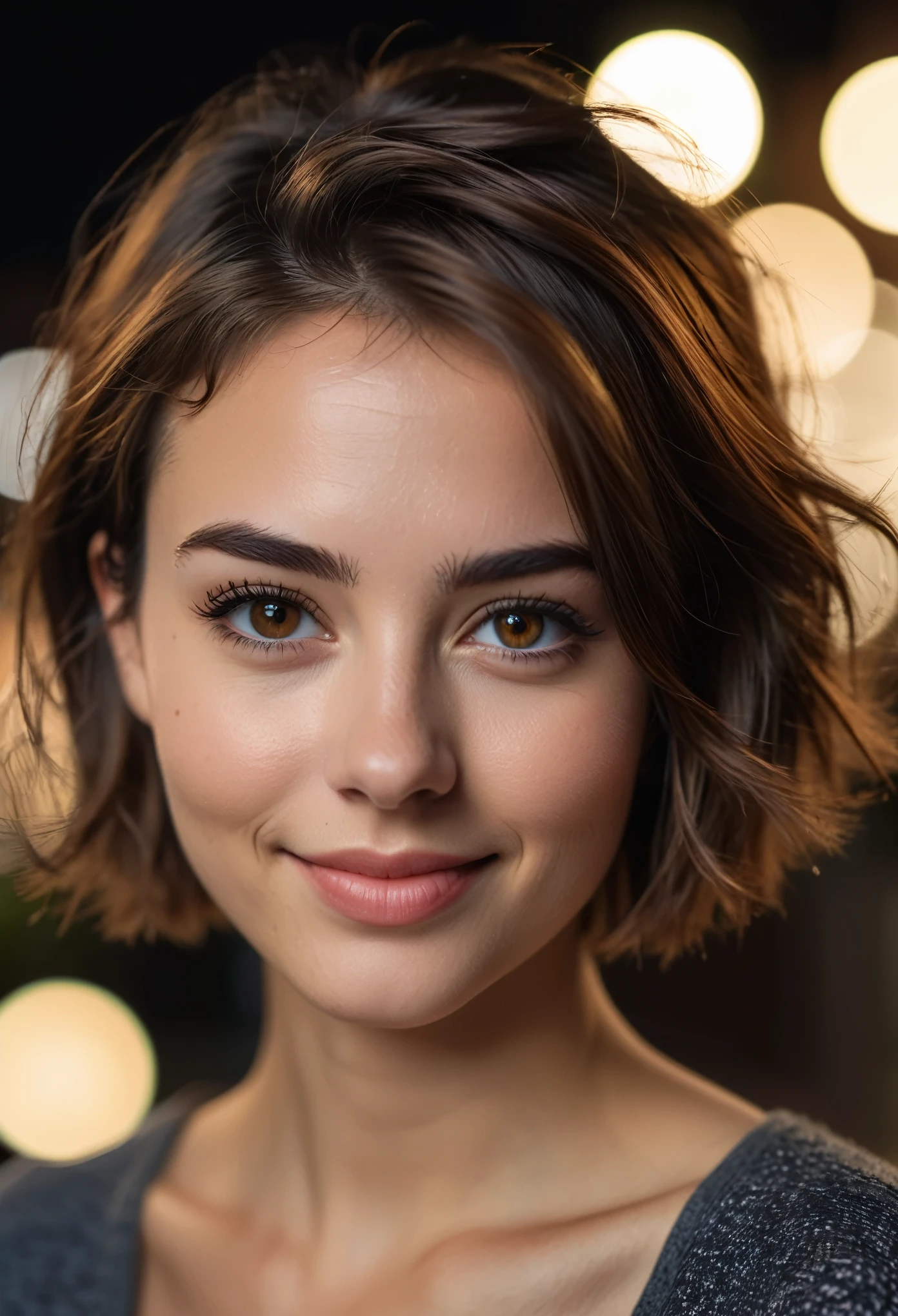 Night, RAW Photography, (Very Beautiful Portrait), 25 Year Old Woman, ((Natural Brown Hair with Short Cuts)), [Brown Eyes], Gentle Smile Staring at the Camera, ((Masterpiece, Best Quality, Ultra Detail, Cinematic Lights, Intricate Detail, High Definition, 8k, Very Detailed)), Detail Background, 8k UHD, DSLR, soft lighting, high quality, film grain, fujifilm XT3, shallow depth of field, natural light, perfect face