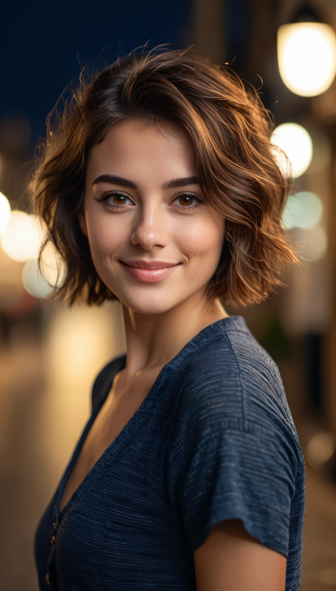 Night, RAW Photography, (Very Beautiful Portrait), 25 Year Old Woman, ((Natural Brown Hair with Short Cuts)), [Brown Eyes], Gentle Smile Staring at the Camera, ((Masterpiece, Best Quality, Ultra Detail, Cinematic Lights, Intricate Detail, High Definition, 8k, Very Detailed)), Detail Background, 8k UHD, DSLR, soft lighting, high quality, film grain, fujifilm XT3, shallow depth of field, natural light, perfect face