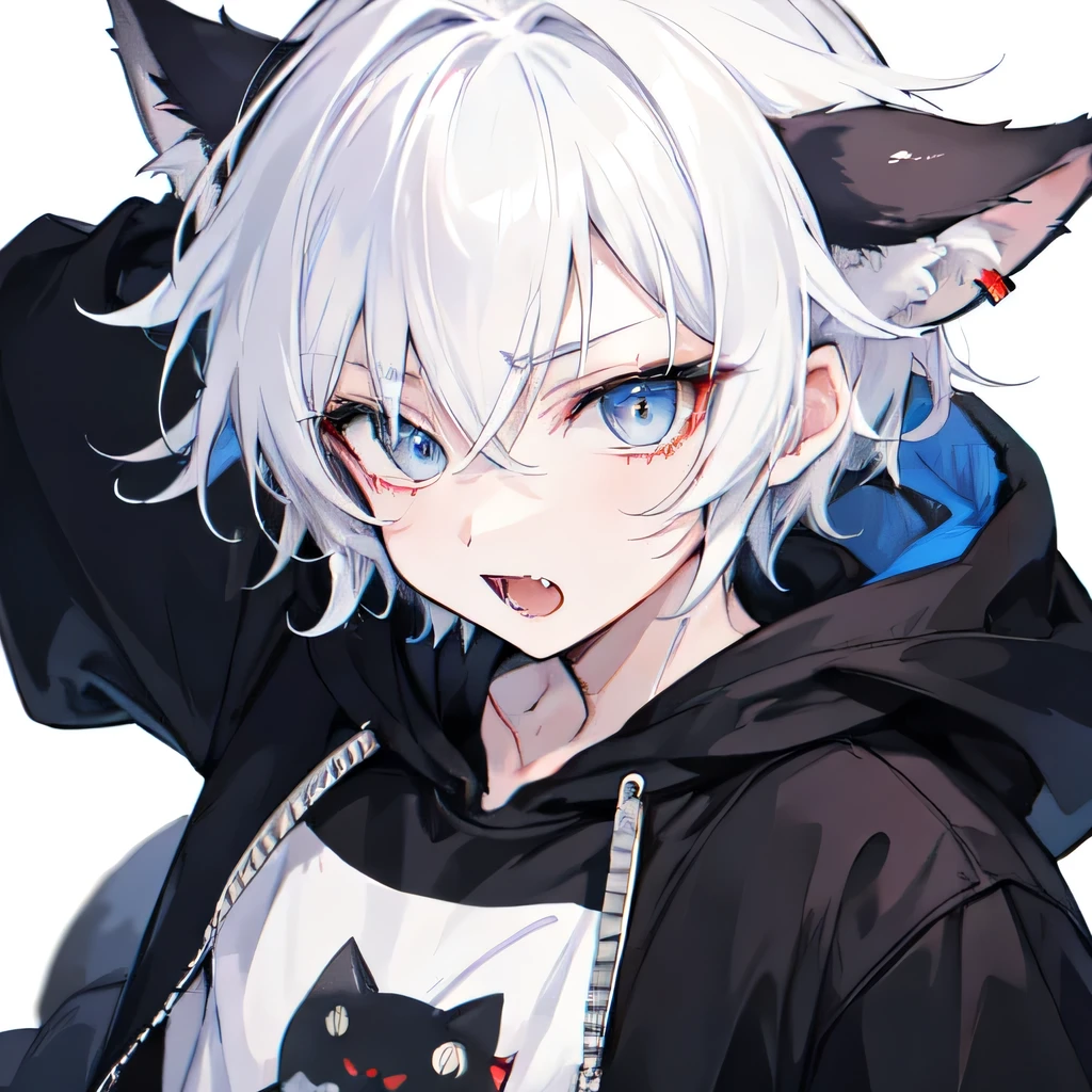 1Boy, Boyish, Catboy, Fangs Showing, Ultra-detailed Ice-colored Dragon Eyes, Eye-focus, Snow-White Hair, Head Shot, Cute Expression, Tight Hoodie, Plain Background Scared Face
