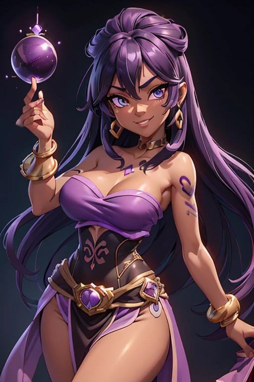 (best quality:1.3), (4K quality), (Detailed face:1.2), (Detailed eyes:1.2), ,Anime Style, solo, 1girl, 25 year old woman, sorceress, (dark skin:1.2), purple hair, wavy hair, long hair, purple eyes, mascaras, purple eyeshadow, (tattoos:1.2), medium breasts, waist, slender legs, attractive body, slim figure, perfect shape, ((Wearing: purple strapless top, purple loincloth, pelvic curtain, golden bracelets, long black boots)), holding a magical stuff, purple magic. She had a refreshing, charming personality and is ambiguous and mysterious. looking at viewer, she's looking at the camera with a flirtatious smile. Fantasy based setting with purple background. Full body portrait
