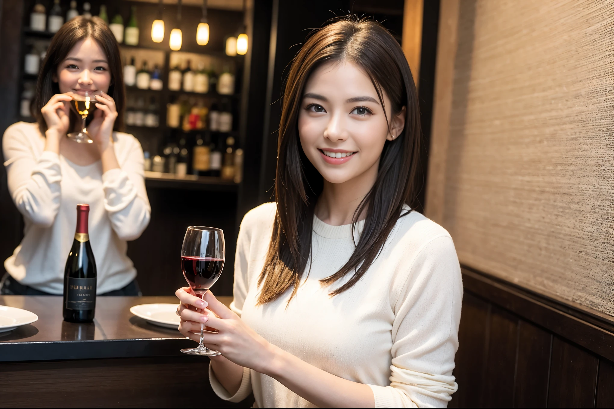 ((highest quality、8k、masterpiece:1.3))、A beautiful woman who resembles Rei Dan、1 male 1 female、Couple、Spouse、full-course dinner、The body is slim、((Bob Hale、Straight hair:1.2)), (Realistic, Intricate details:1.2), テーブルの上のwine glass、Put the light on your face、 Amazing view of the sunset sky and clouds、Amazing mountain views、A bright smile、The wonderfulness of smile、Bright image、The beauty of wine, Beautiful Face, blue eyes, The light shines on your face, Blushing, short hair,Bright Face、 (Age 44), 43 years old, red wine 、Appetizers、Italian food、Wine bottle、Champagne、sparkling wine、Two beauties、Brown Hair、Shortcuts、Long sleeve shirt、dress、Pretty Woman 1, (slimな顔), (The body is slim), (Brown Hair), (Shortcuts), cheeks turn a little red,Attractive beauty、restaurant, In a prominent place (From the waist up) Nova Frog Style, actress, model, Upper Body, White wine, slim, wine glass, A wine glass placed in the center, smile, (smile: 1.15), Beautiful fine grain, Depth f/2,saturation, High Contrast, Strong light and shadow,Moist Body:1.5、3D texture、Delicate eyes、Brown Hair、The hair is very shiny、