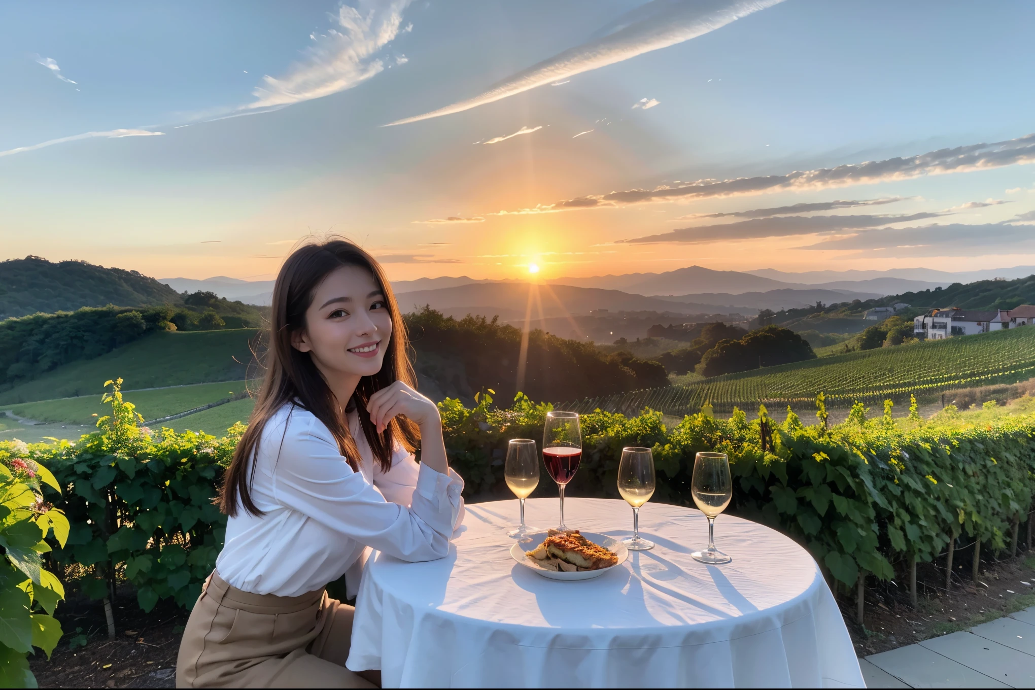 ((highest quality、8k、masterpiece:1.3))、A beautiful woman who resembles Rei Dan、1 male 1 female、Couple、Spouse、full-course dinner、The body is slim、((Bob Hale、Straight hair:1.2)), (Realistic, Intricate details:1.2), テーブルの上のwine glass、Put the light on your face、 Amazing view of the sunset sky and clouds、Amazing mountain views、A bright smile、The wonderfulness of smile、Bright image、The beauty of wine, Beautiful Face, blue eyes, The light shines on your face, Blushing, short hair,Bright Face、 (Age 44), 43 years old, red wine 、Appetizers、Italian food、Wine bottle、Champagne、sparkling wine、Two beauties、Brown Hair、Shortcuts、Long sleeve shirt、dress、Pretty Woman 1, (slimな顔), (The body is slim), (Brown Hair), (Shortcuts), cheeks turn a little red,Attractive beauty、restaurant, In a prominent place (From the waist up) Nova Frog Style, actress, model, Upper Body, White wine, slim, wine glass, A wine glass placed in the center, smile, (smile: 1.15), Beautiful fine grain, Depth f/2,saturation, High Contrast, Strong light and shadow,Moist Body:1.5、3D texture、Delicate eyes、Brown Hair、The hair is very shiny、