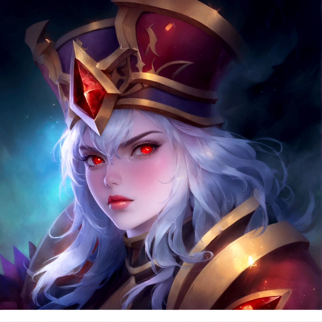 With a crown on his head、Woman with red eyes, Portrait of a female mage, Astrie Lohne, Ash, Mage Portrait, extremely detailed type germ, IG Model | type germ, Close-up portrait of mage, Portrait of a witch, Artgrem, Portrait of zodiac girl knight, Official ink art, type germ detailed