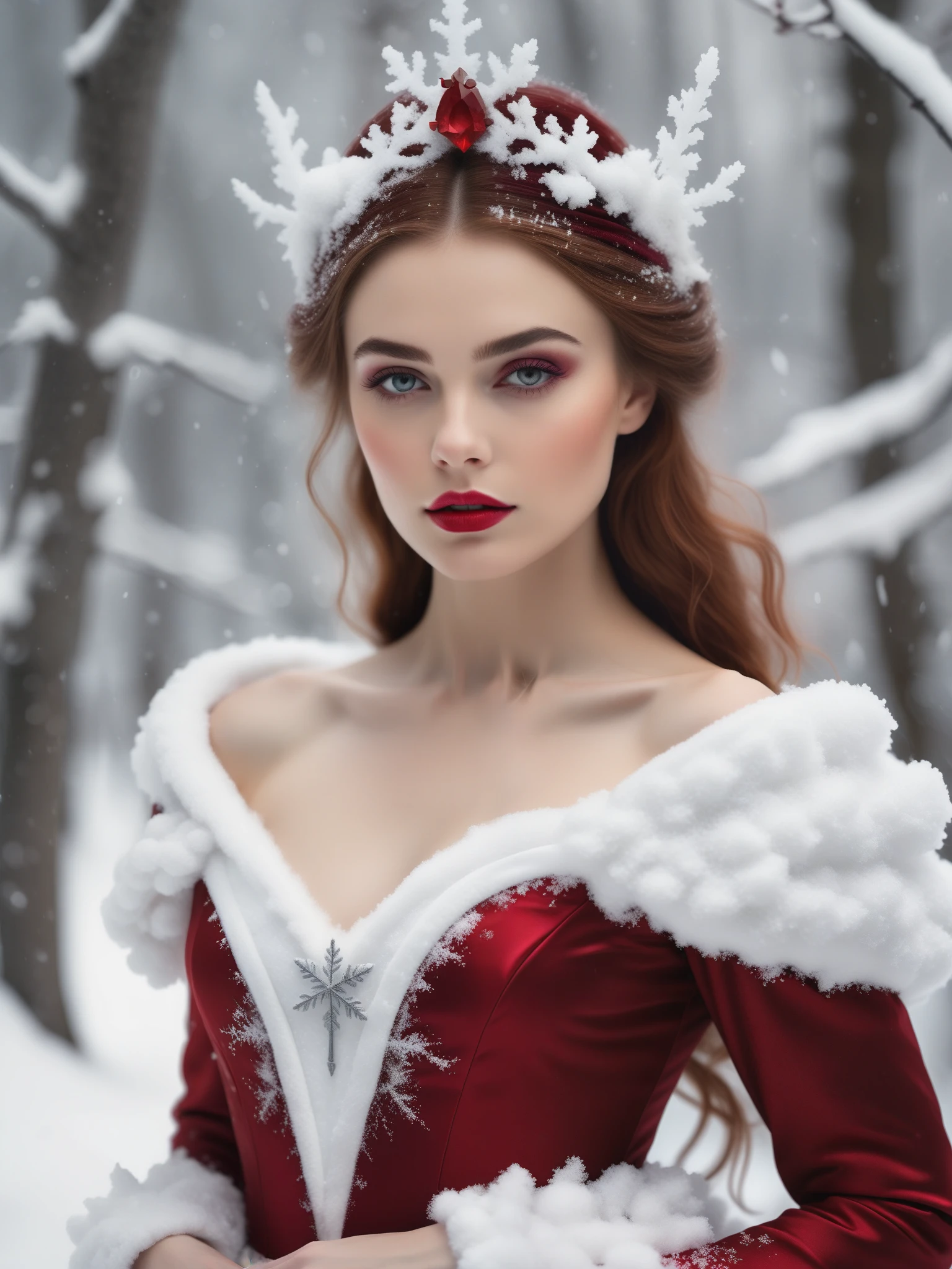 liza_white_model snow fae princess, photo real, (8k, RAW photo, highest quality), hyper realistic, red ruby gemstone suit, hauntingly beautiful illustrations, fairytale-inspired, winter snow background, blurry background
lora:add-detail-xl:1> "
p