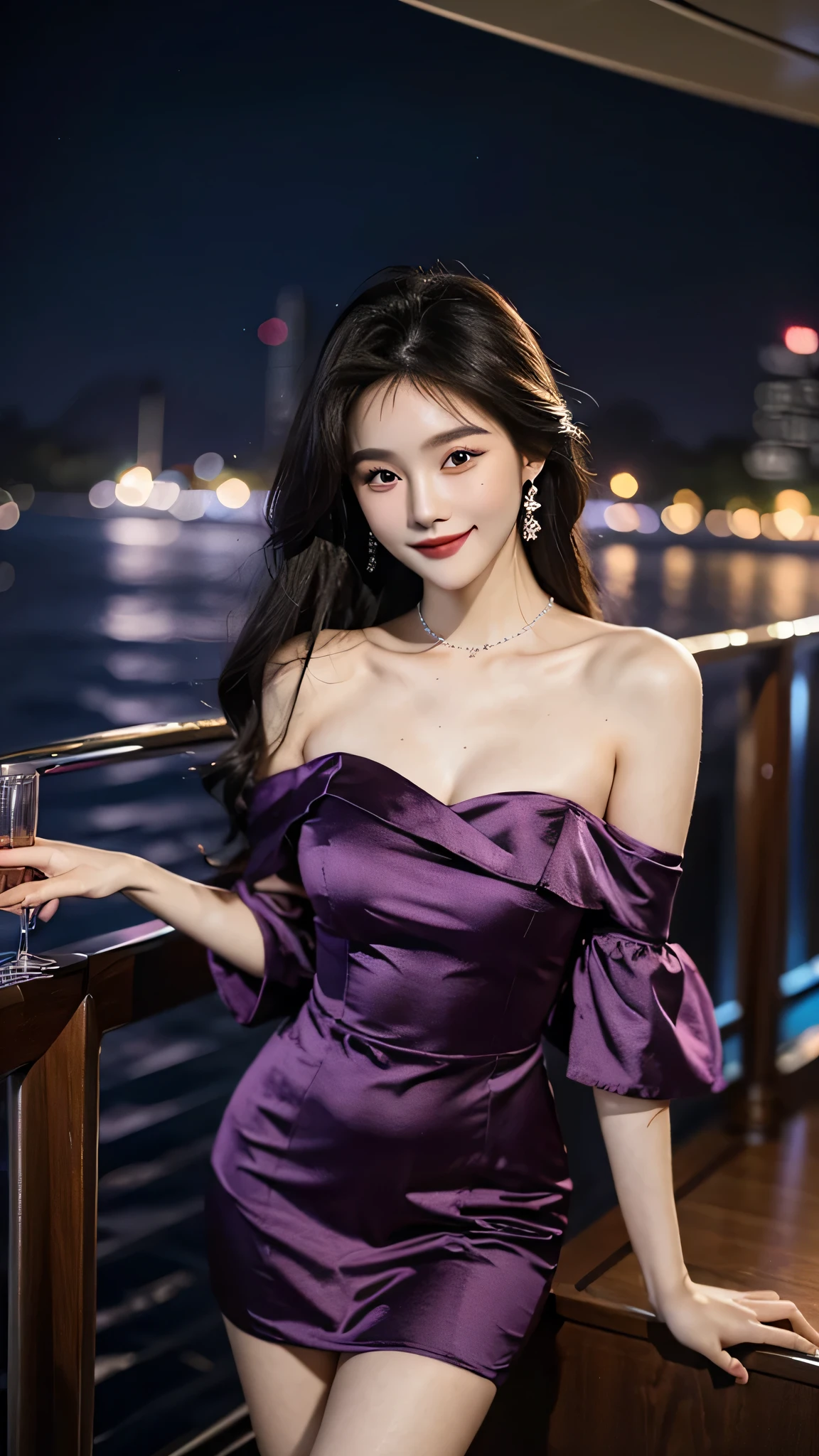 A sweet girl by the yatch,voluminous hair,Delicate face,Photorealsitic,of a real,largeaperture,wears a purple dress,A cropped dress,Off-the-shoulder,A dress around the neck,Slim,smiles,Ultra-high resolution, Blurred background