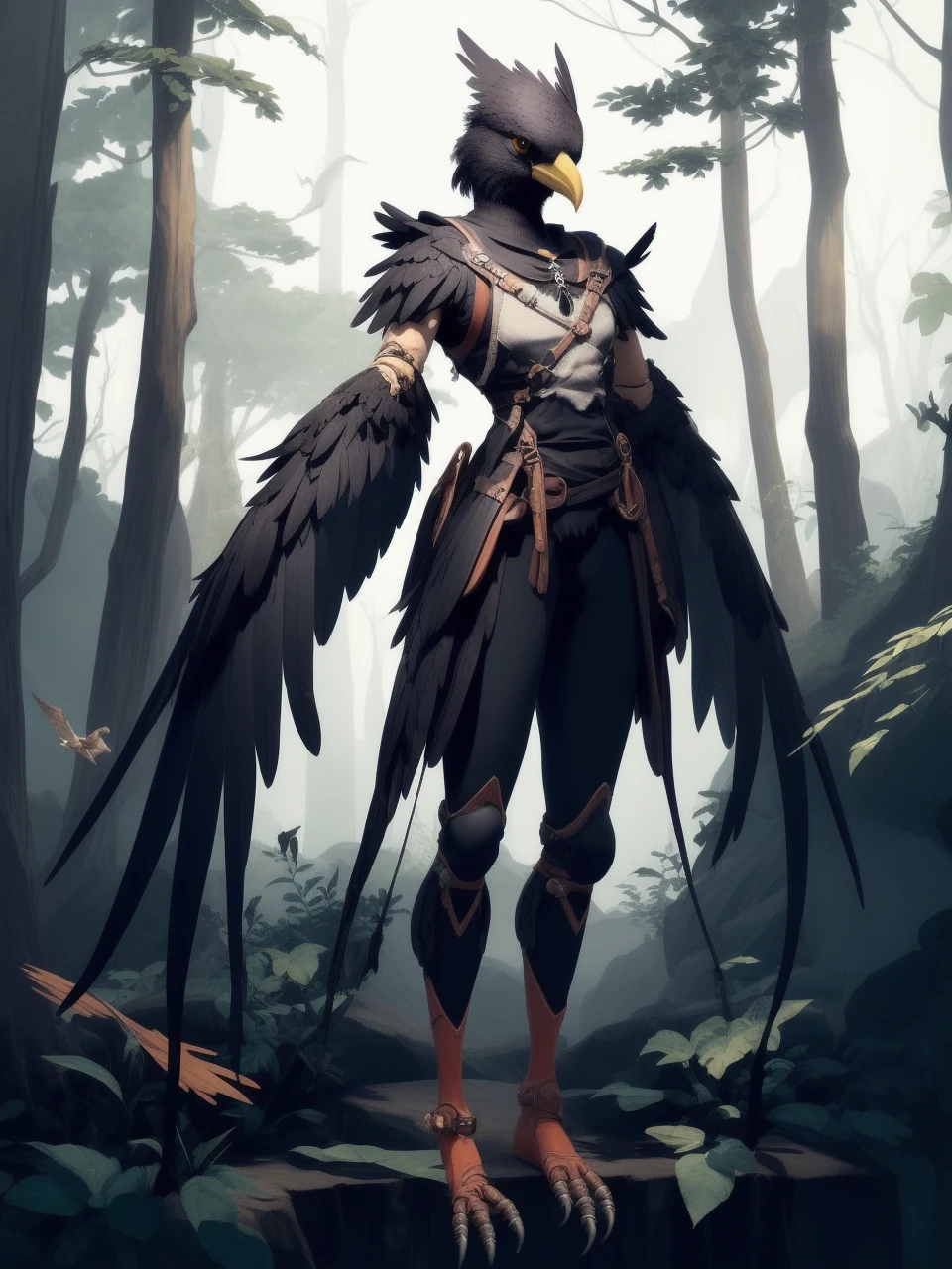 prospect(Anthropomorphic crow，Wearing ancient adventurer gear，The arms and hands are integrated with the bird&#39;s wings, and there are no bird wings on the back. Only the arms and hands have bird wings.，Feet are claws)，With background（Dense forest）