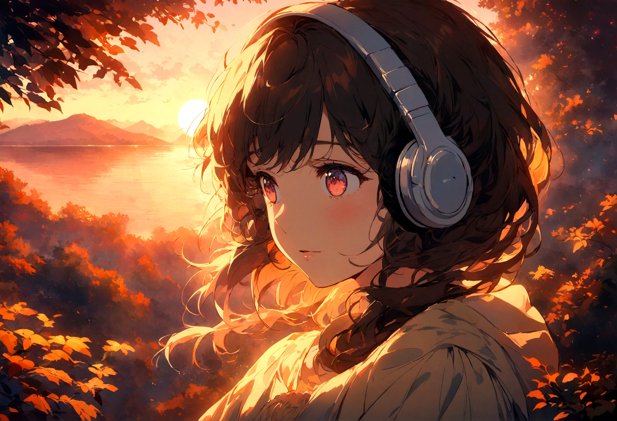 A young woman with headphones, entranced by the stunning sunset before her. She radiates peace and contentment, her eyes reflecting the warm hues of the sky as she basks in the glow of nature's beauty. This scene is portrayed in a beautifully detailed anime-style painting, capturing the girl's serene expression and the vibrant colors of the setting sun. The cozy atmosphere of her home is evident in the warm lighting and comfortable surroundings, enhancing the overall sense of tranquility and comfort emanating from the image.